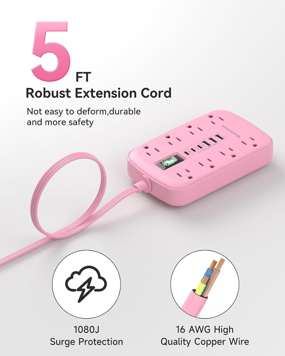 Detalle 2 de Pink Extension Cord with Surge Protector - 5 ft Kawaii Power Strip with 8 Outlets and 6 USB Ports