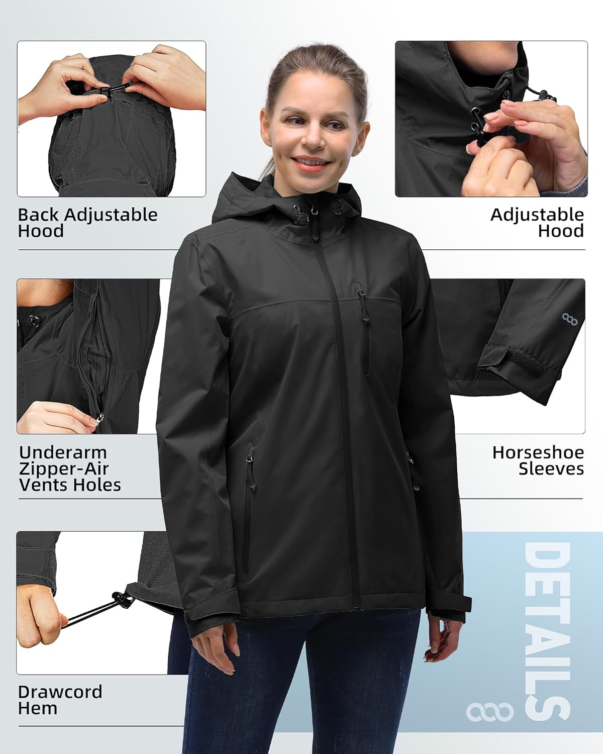 Detalle de 33,000ft Regenjacke Damen – Wasserdicht, Atmungsaktiv und leicht mit Kapuze