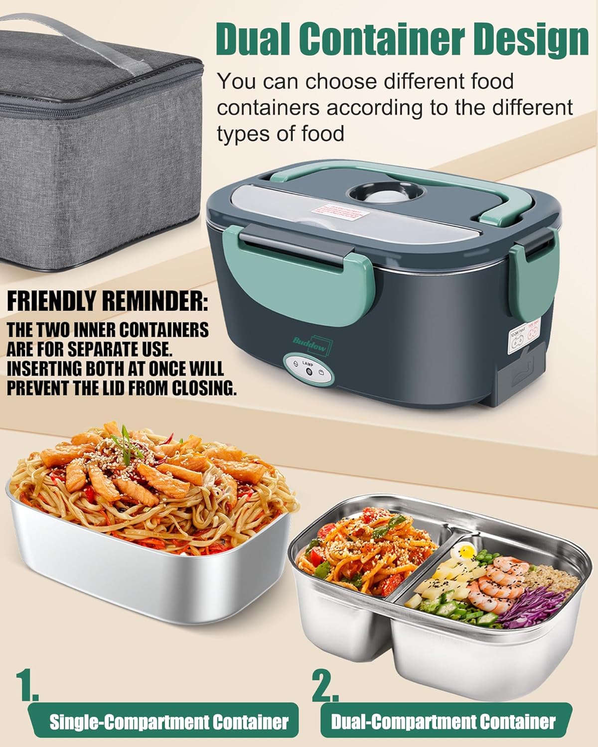Thumbnail 2 de Buddew Electric Heated Lunch Box: 80W Fast Heating, 1.5L Stainless Steel Duo, 110V/12V/24V Portable Warmer