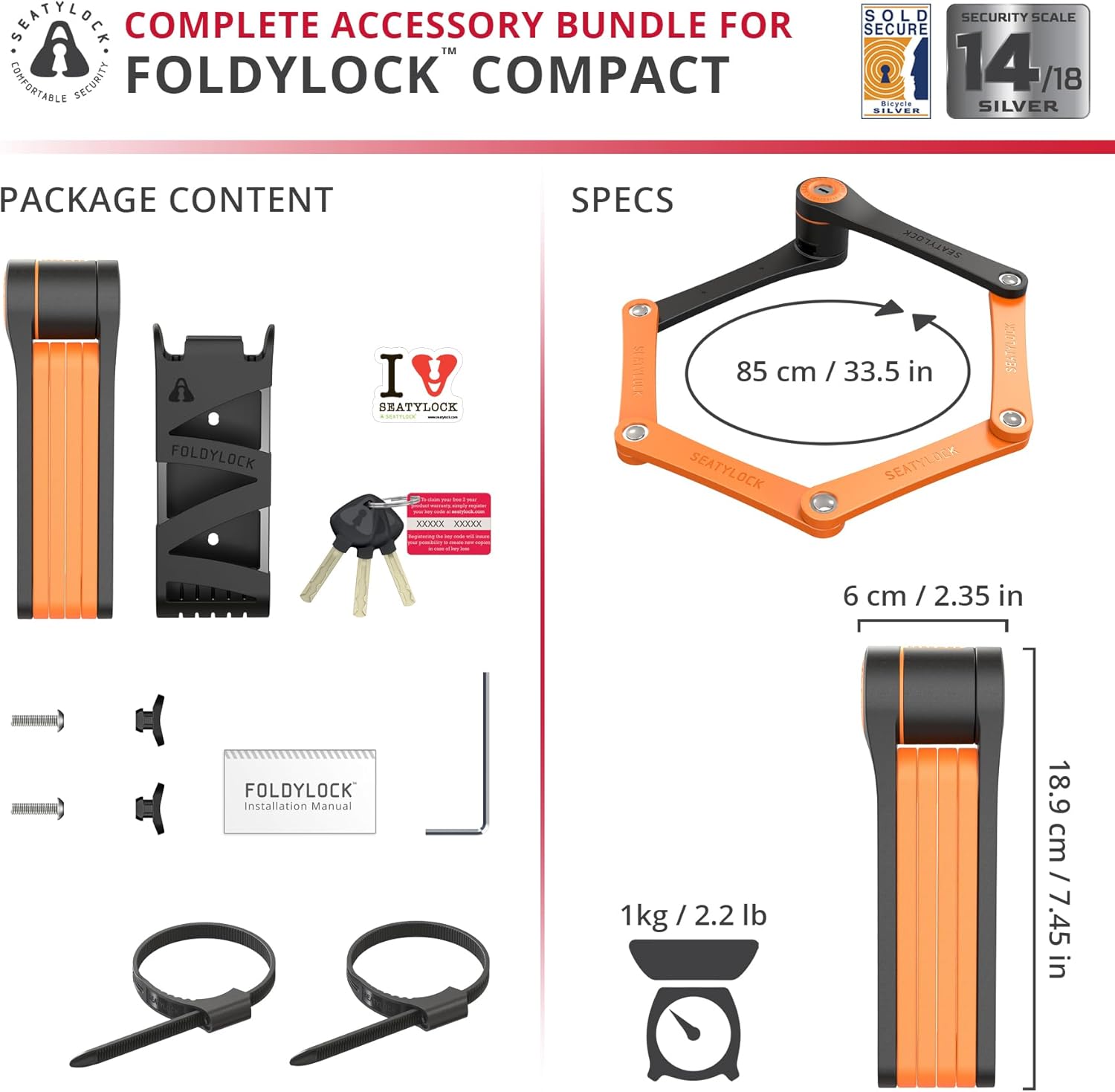 Thumbnail 5 de FoldyLock Compact Folding Bike Lock – 85 cm, Award-Winning High Security with Key & Case