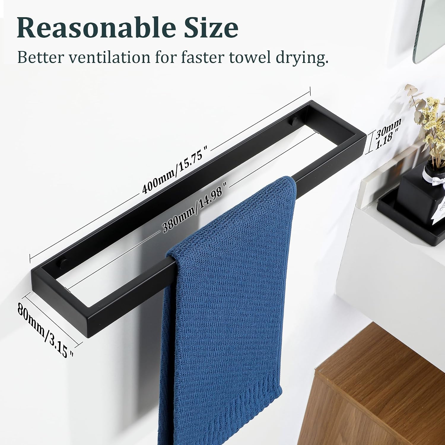 Detalle de SAYAYO Hand Towel Holder Wall Mounted Black Towel Rail (40cm) in SUS304 Stainless Steel