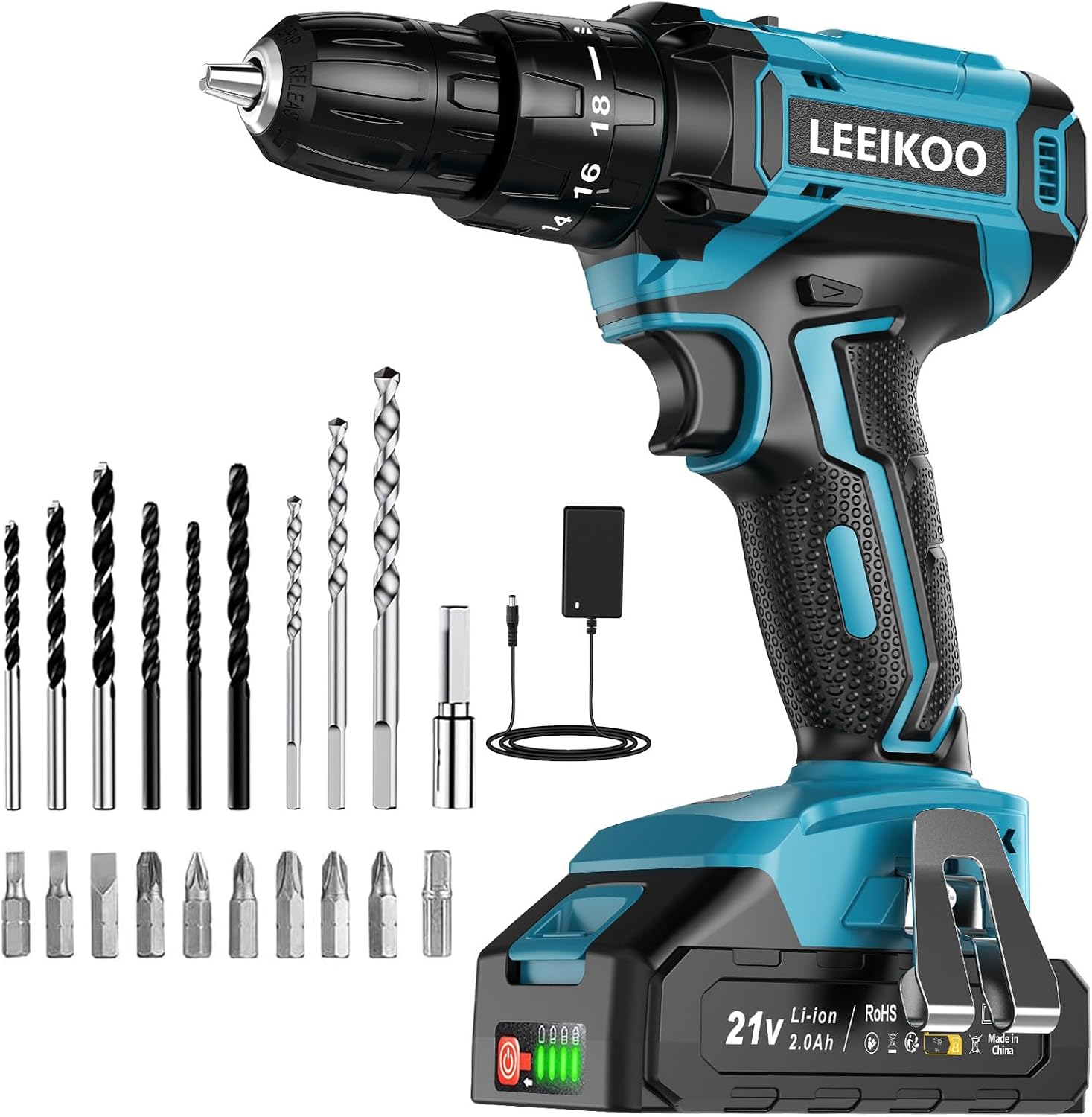 Detalle de Trapano Avvitatore a batteria 21V Leeikoo: 42 N.m, 2 velocità e 20 accessori per DIY casa e giardino