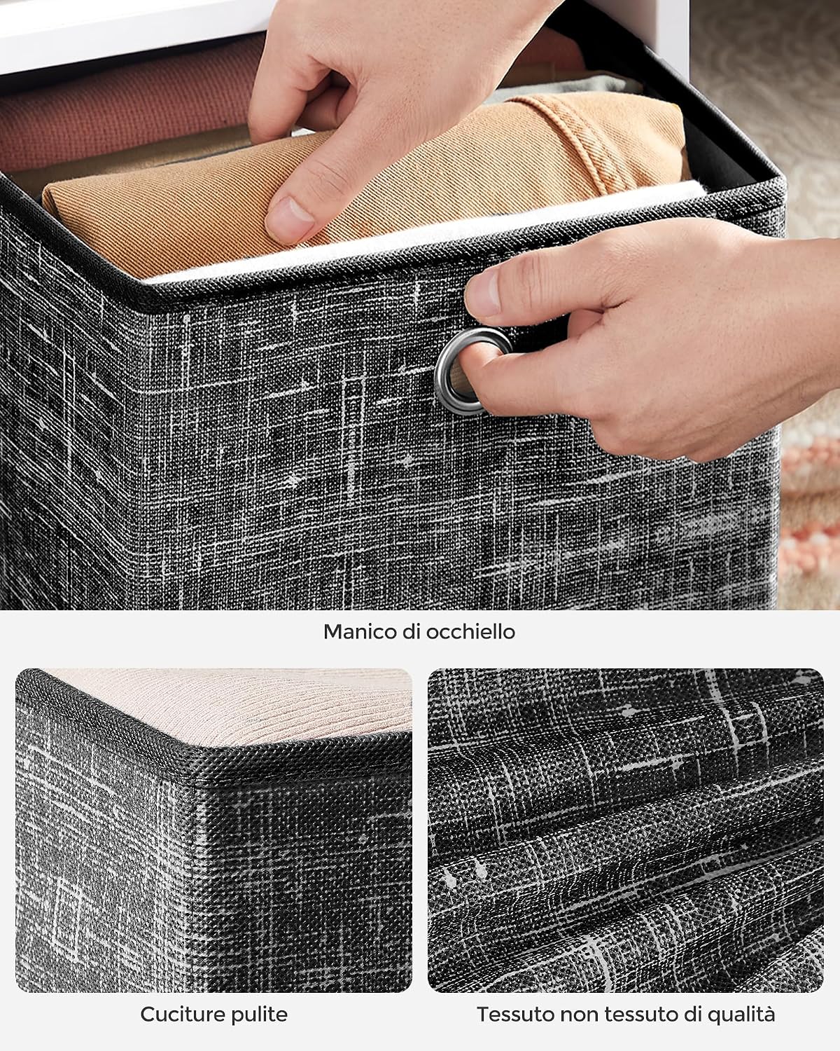 Detalle 2 de SONGMICS RFB033B01, set di 6 scatole portaoggetti in tessuto non tessuto con manico (33 x 33 x 33 cm)