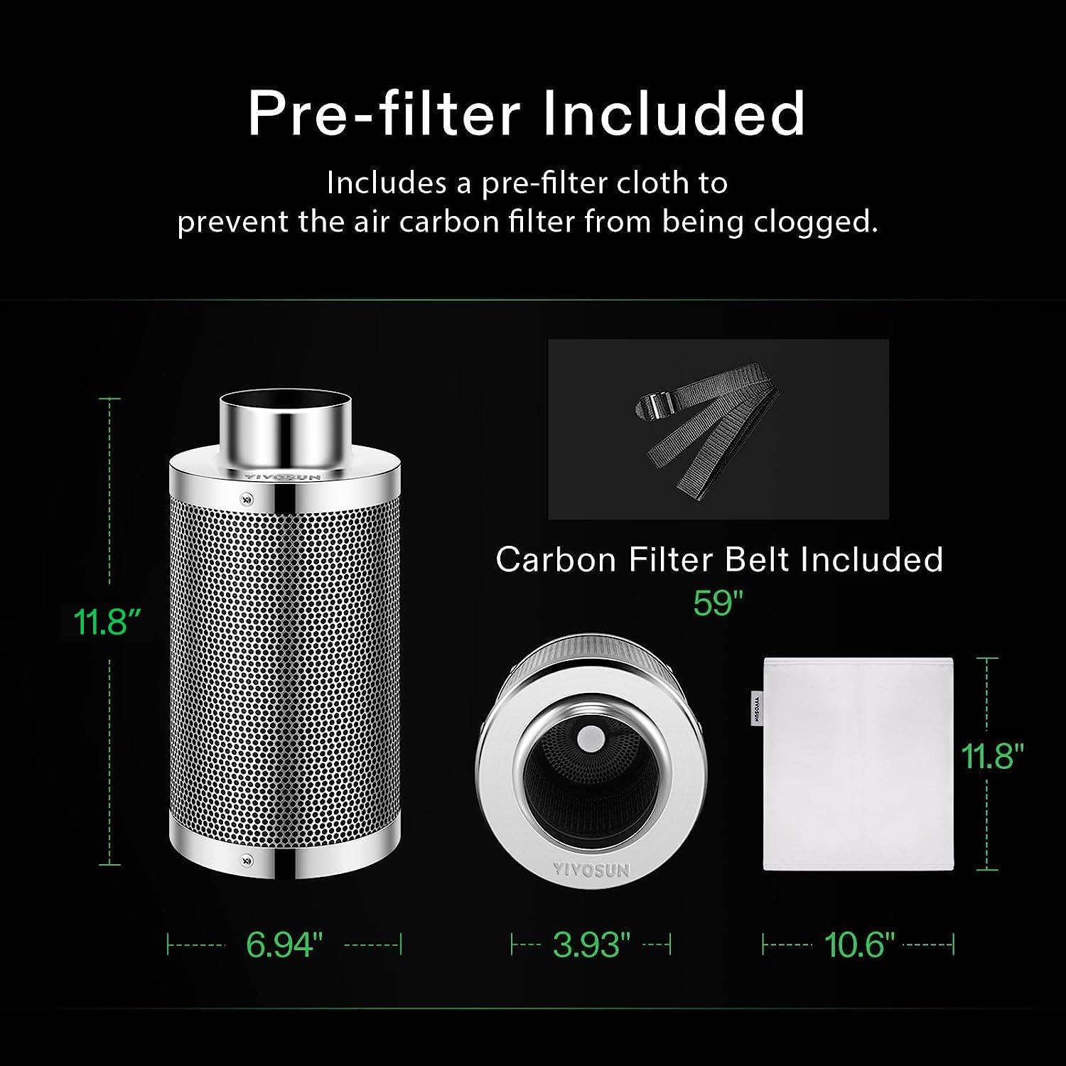 Thumbnail 5 de Filtro a Carbone Attivo VIVOSUN 100mm (4") con Prefiltro – controllo odori per grow tent e coltivazione indoor
