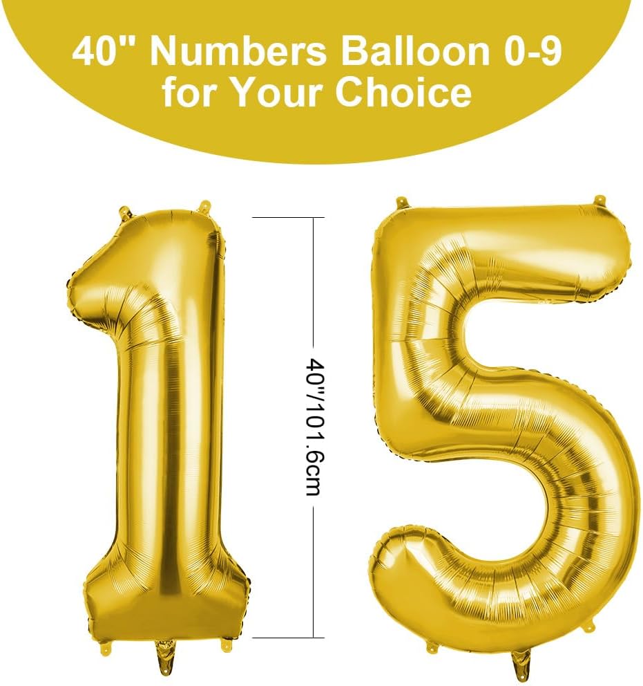 Thumbnail 1 de OFFCUP 40 Inch Number 15 Balloon – Gold Large Foil Balloons (2 Pack)