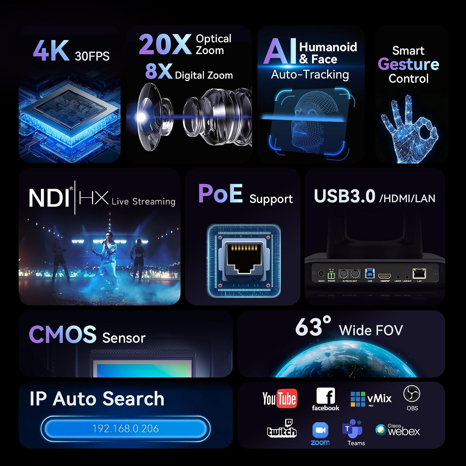 Detalle 2 de Tenveo 4K NDI PTZ Camera with AI Humanoid & Face Auto-Tracking (20X Optical Zoom)