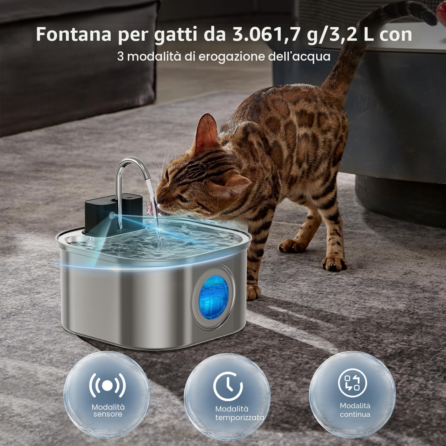 Detalle de NautyPaws 3.2L Fontana per Gatti Senza Fili con Batteria 4200mAh – Aspirazione Silenziosa e Rubinetto Integrato
