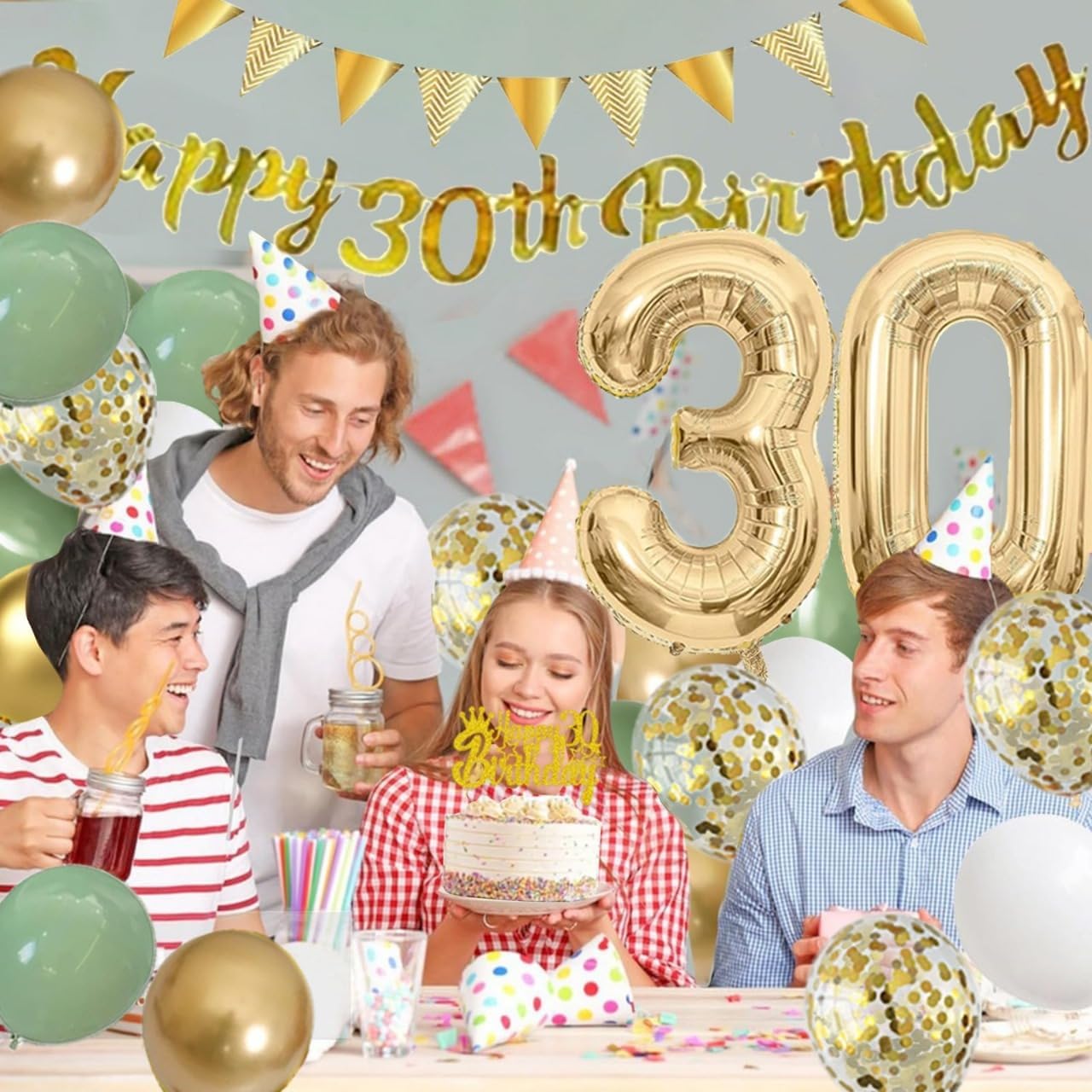 Thumbnail 6 de 30th Birthday Decorations - Green and Gold Party Decor Set
