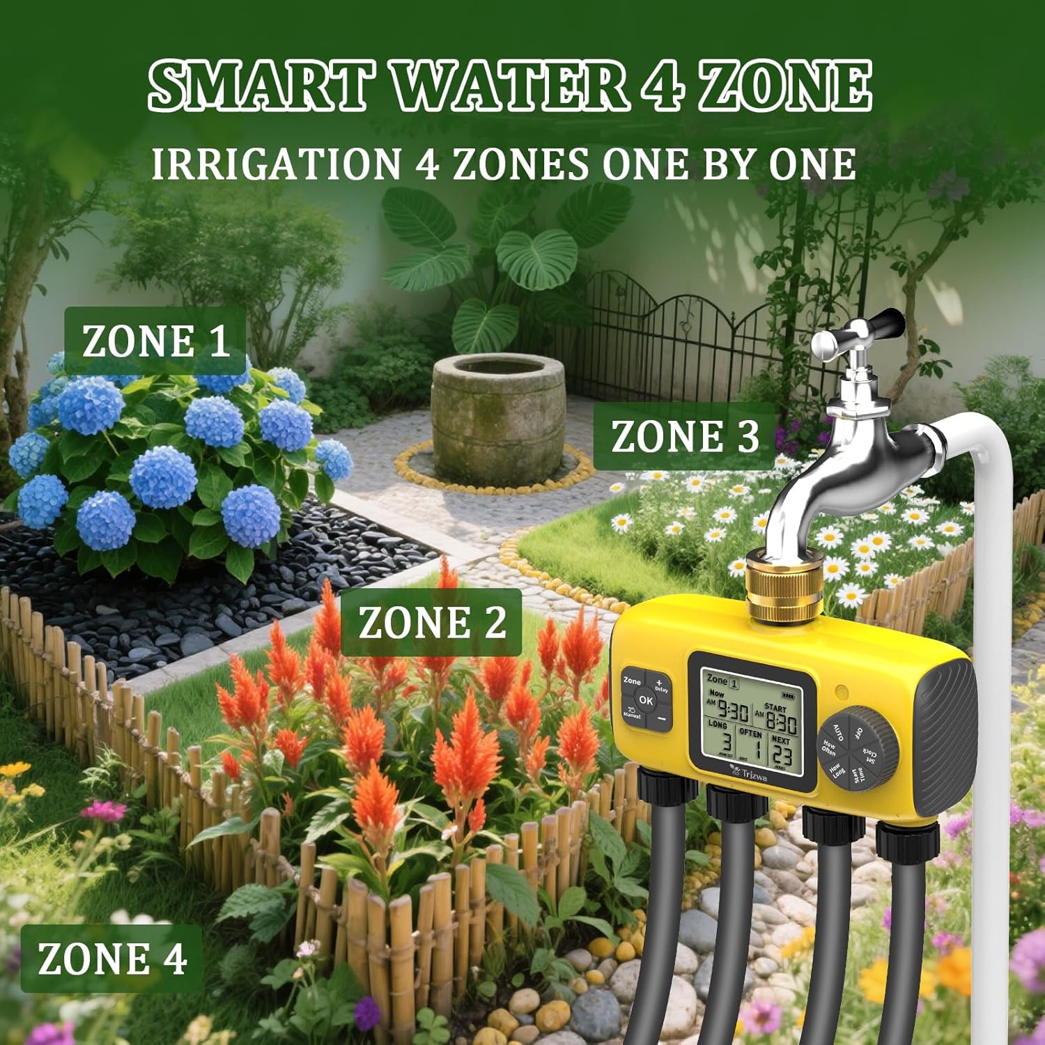 Thumbnail 1 de TRJZWA Centralina di irrigazione individuale a 4 zone con LED, timer e ritardo pioggia (IP55)