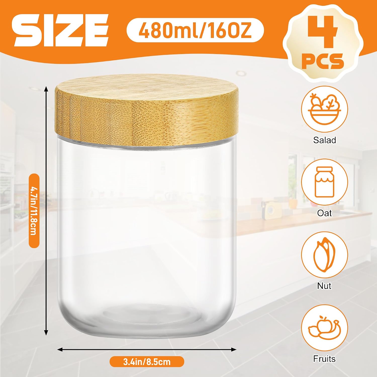 Detalle de TranRantic 4 Pack Overnight Oats Glass Jars with Airtight Lids, 16oz – BPA-Free Meal Prep Containers