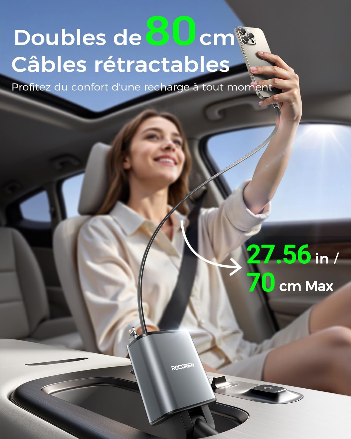 Thumbnail 2 de Rocoren Chargeur 69 W rétractable pour voiture