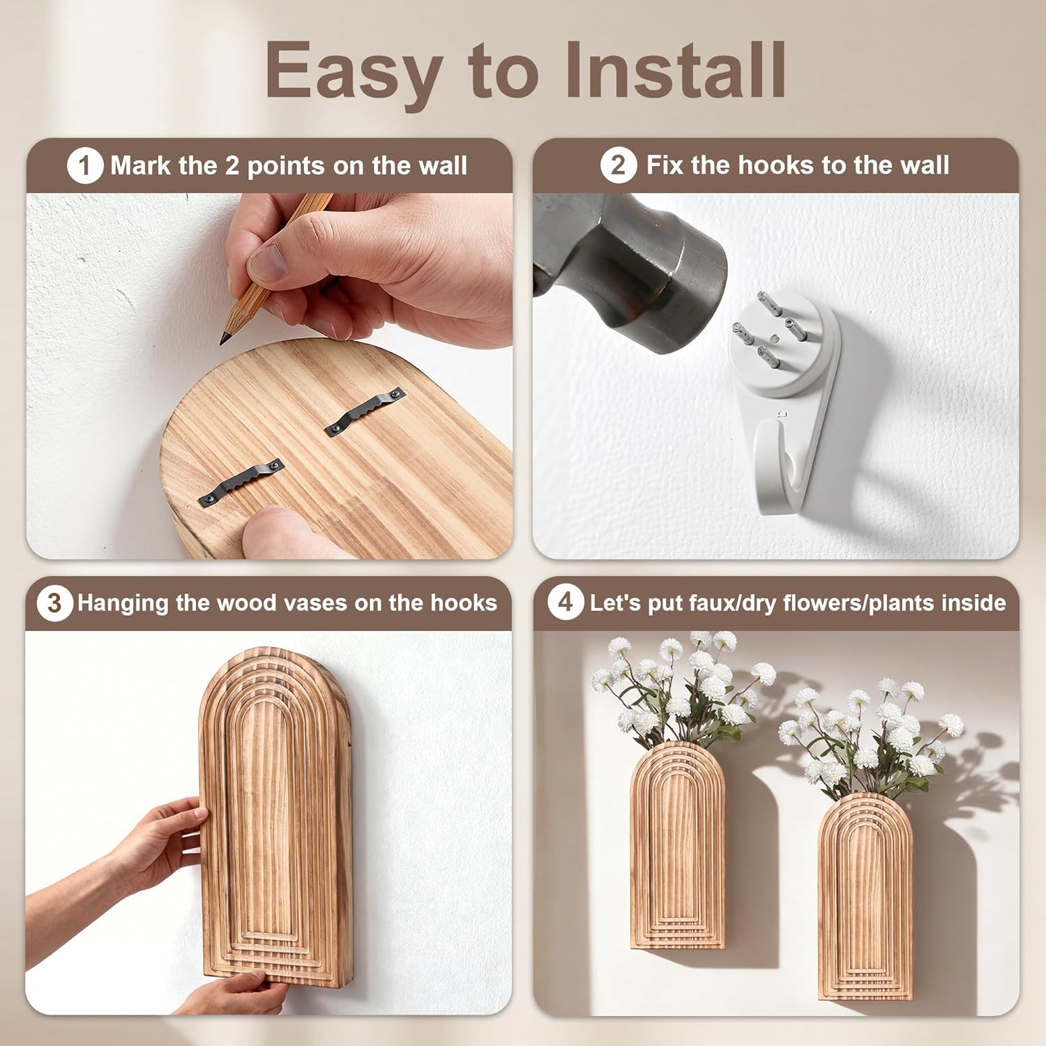 Detalle de Wooden Wall Vase Set of 2 by FancyPlus: Modern Farmhouse Wall Planters for Boho Indoor Decor