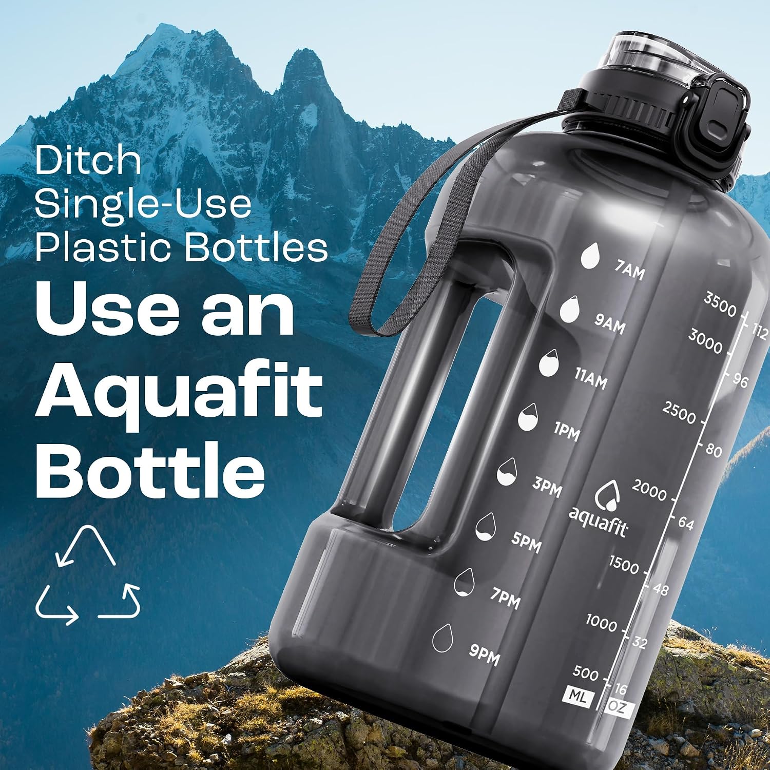 Detalle de AQUAFIT 1 Gallon Water Bottle (128 oz) with Time Marker, Straw & Chug Lid (BPA-Free, Gray)