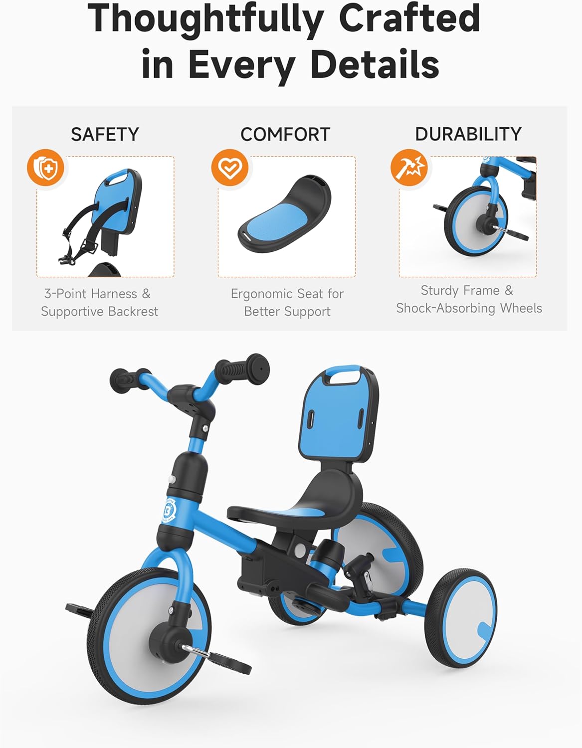 Detalle de Besrey 5-in-1 Toddler Tricycle with Push Handle: Grow-with-Me Trike for 1–3 Years