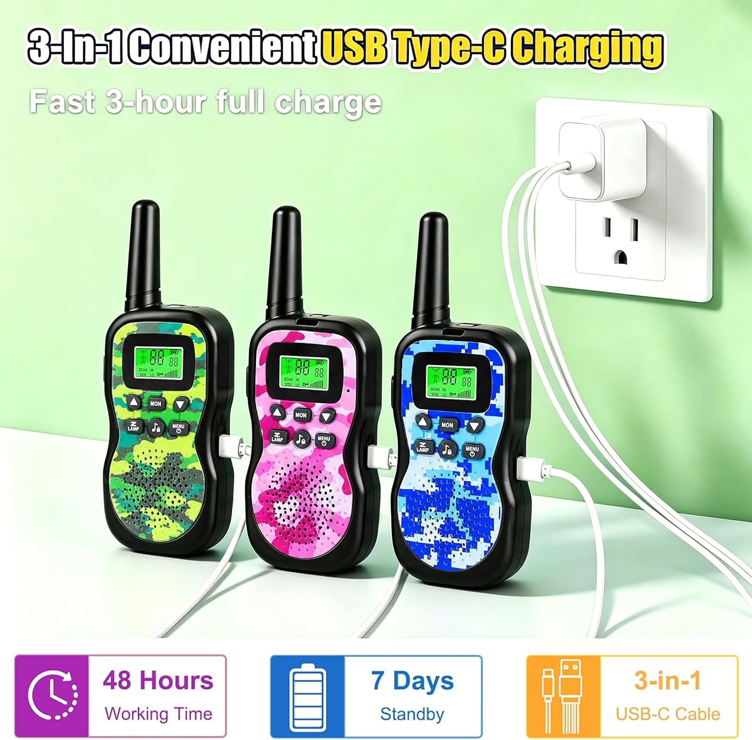 Thumbnail 4 de JUAUO HK-588 oplaadbare walkietalkies voor kinderen, set van 3 met VOX
