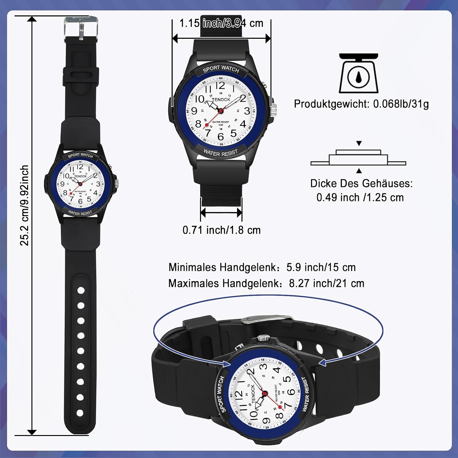 Detalle 2 de TENOCK Damen-Sportuhr Analog Quartz – 50 m wasserdicht, Nachtlicht, mehrfarbiges Design