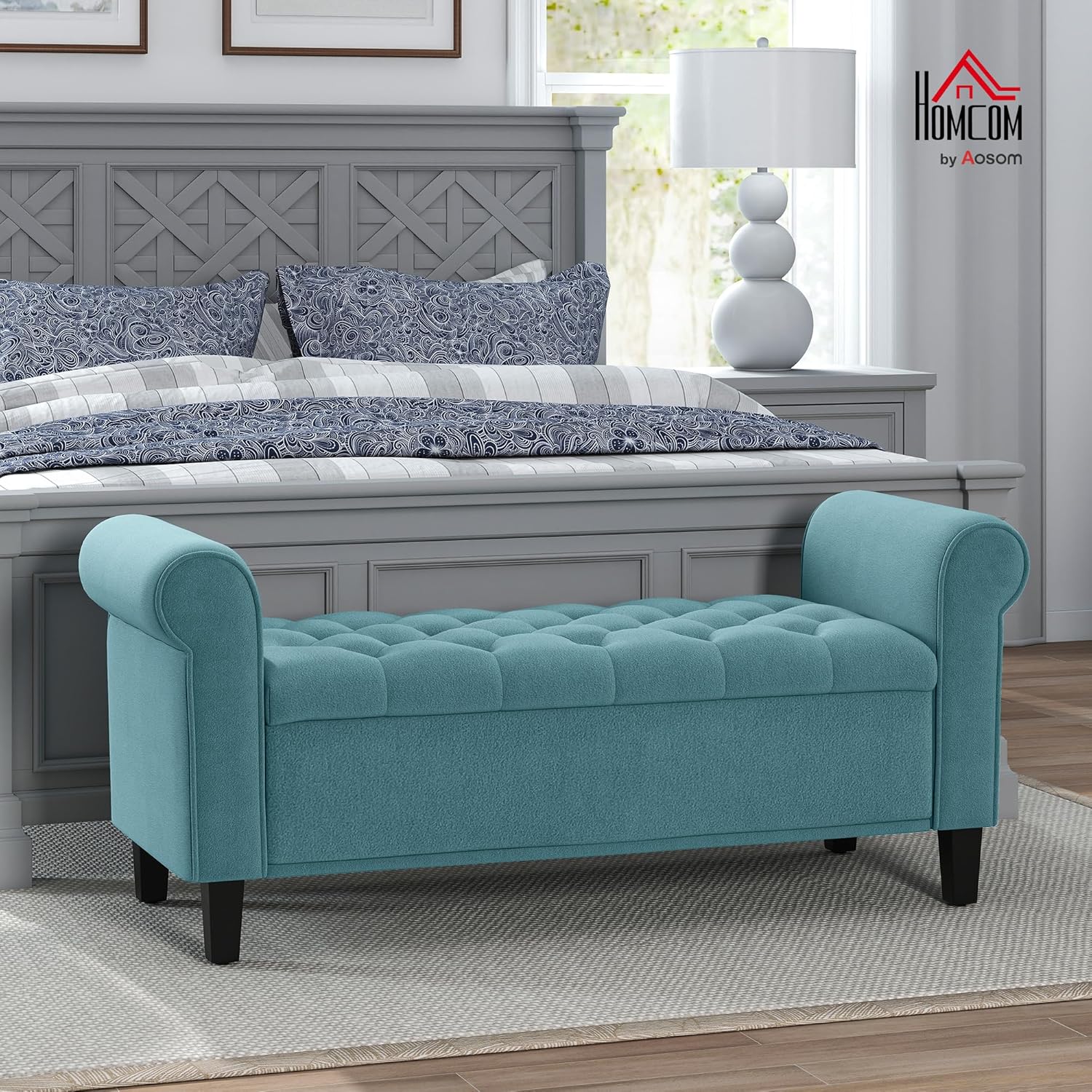 Thumbnail 1 de HOMCOM Banc de Rangement Bout de lit en velours vert avec accoudoirs et coffre – 126 x 48,5 x 57 cm