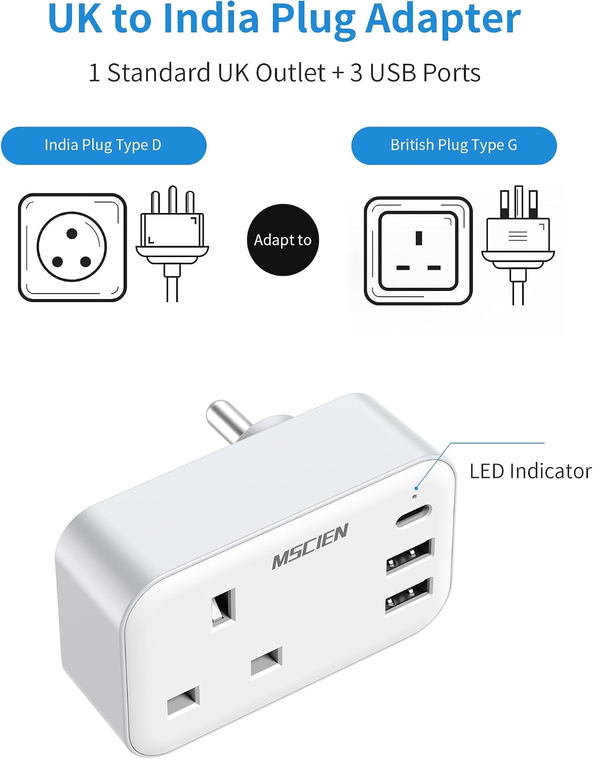 Detalle de MSCIEN India Type D UK to India Plug Adapter with USB ⚡