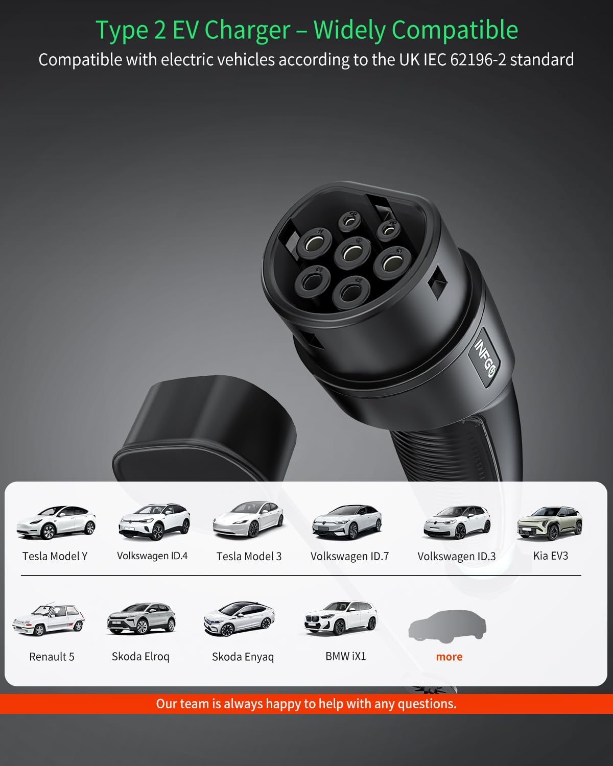 Thumbnail 5 de INFGO EV Charger 49.21ft / 15m Type 2 to 3 Pin Cable, 2.4kW with Adjustable Current and Timer