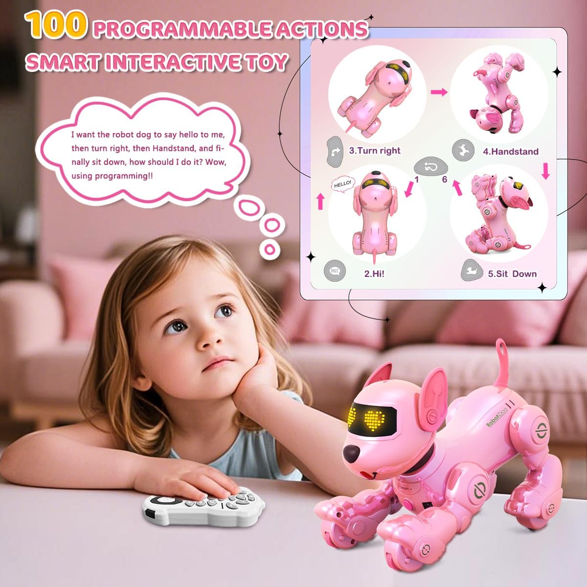 Detalle 2 de VATOS Chien Robot Rechargeable pour Enfants – Chien Robotisé Télécommandé, 17 Fonctions Interactives, Rose