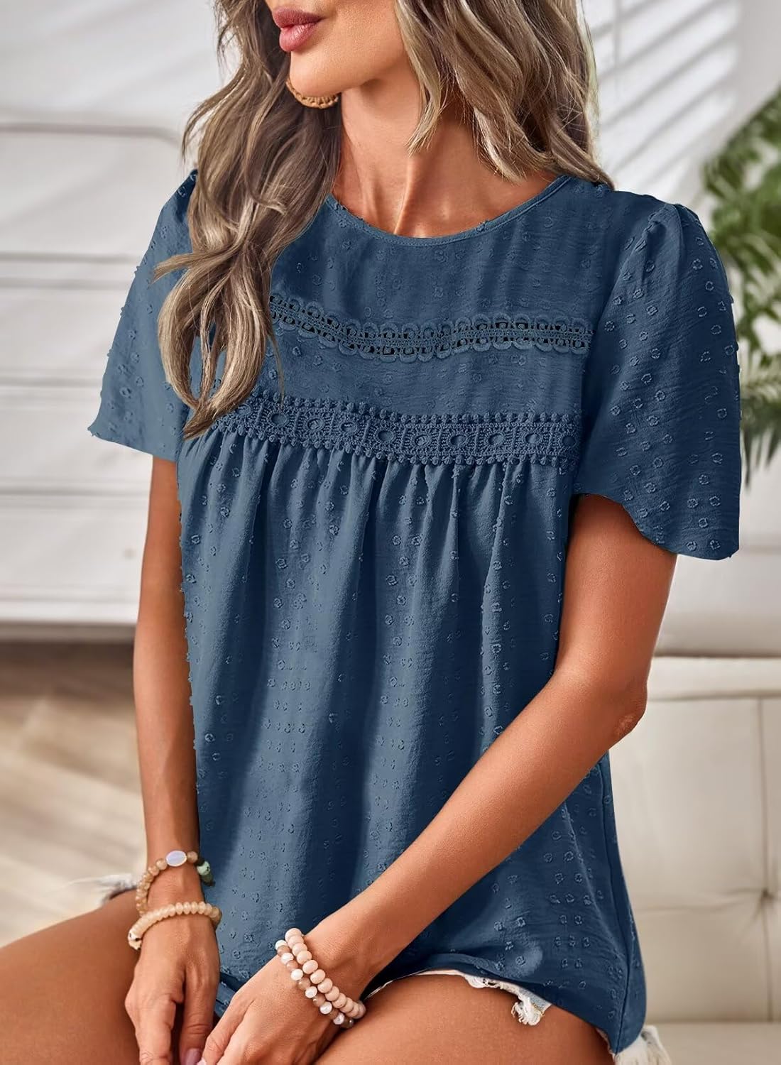 Thumbnail 1 de Falechay Women’s Summer Boho Blouse with Crew Neck, Crochet Lace Edges & Short Sleeves