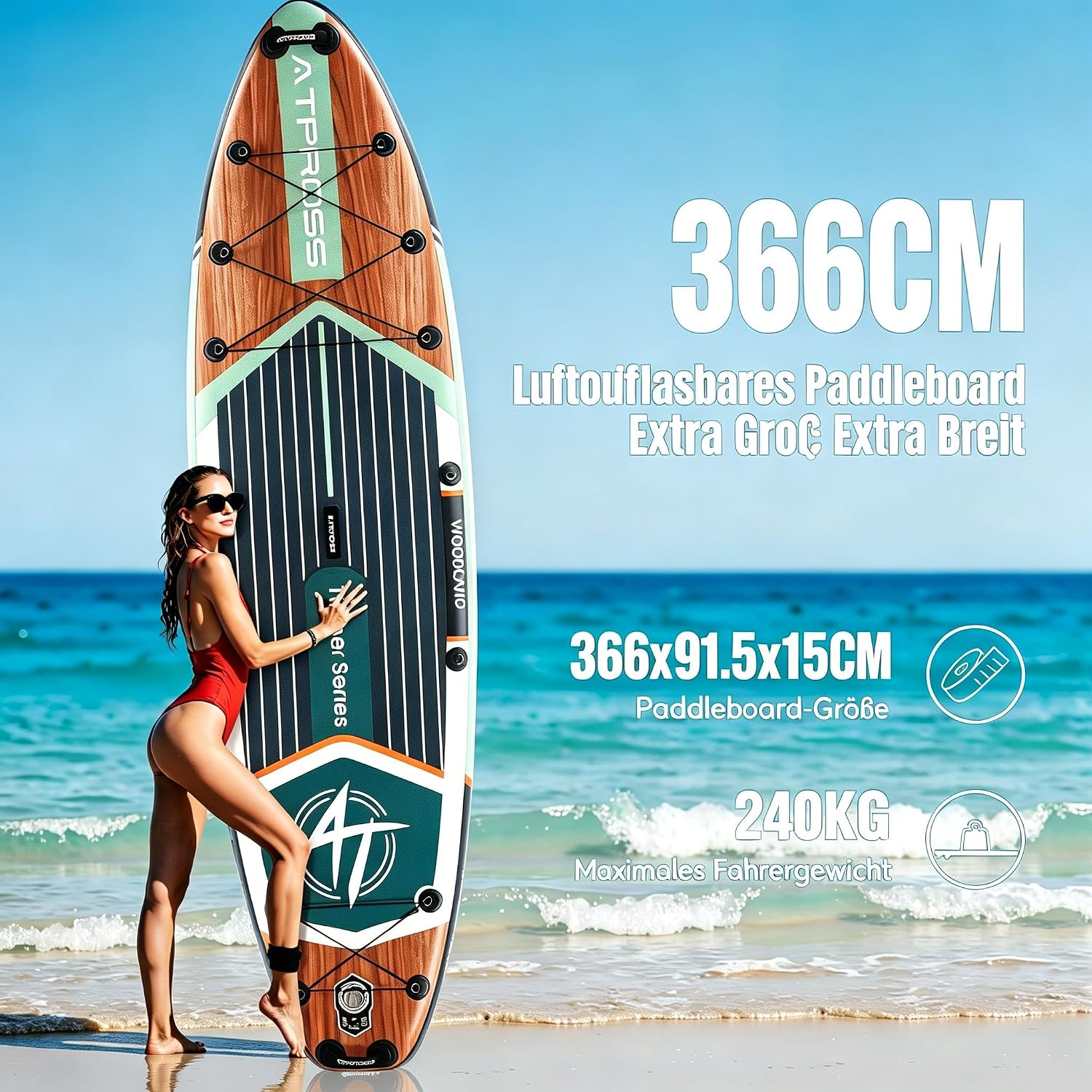Detalle de ATPROSS SUP Board 366x92 cm – Extra Groß, 240 kg Tragkraft, inkl. Sitz & Zubehör