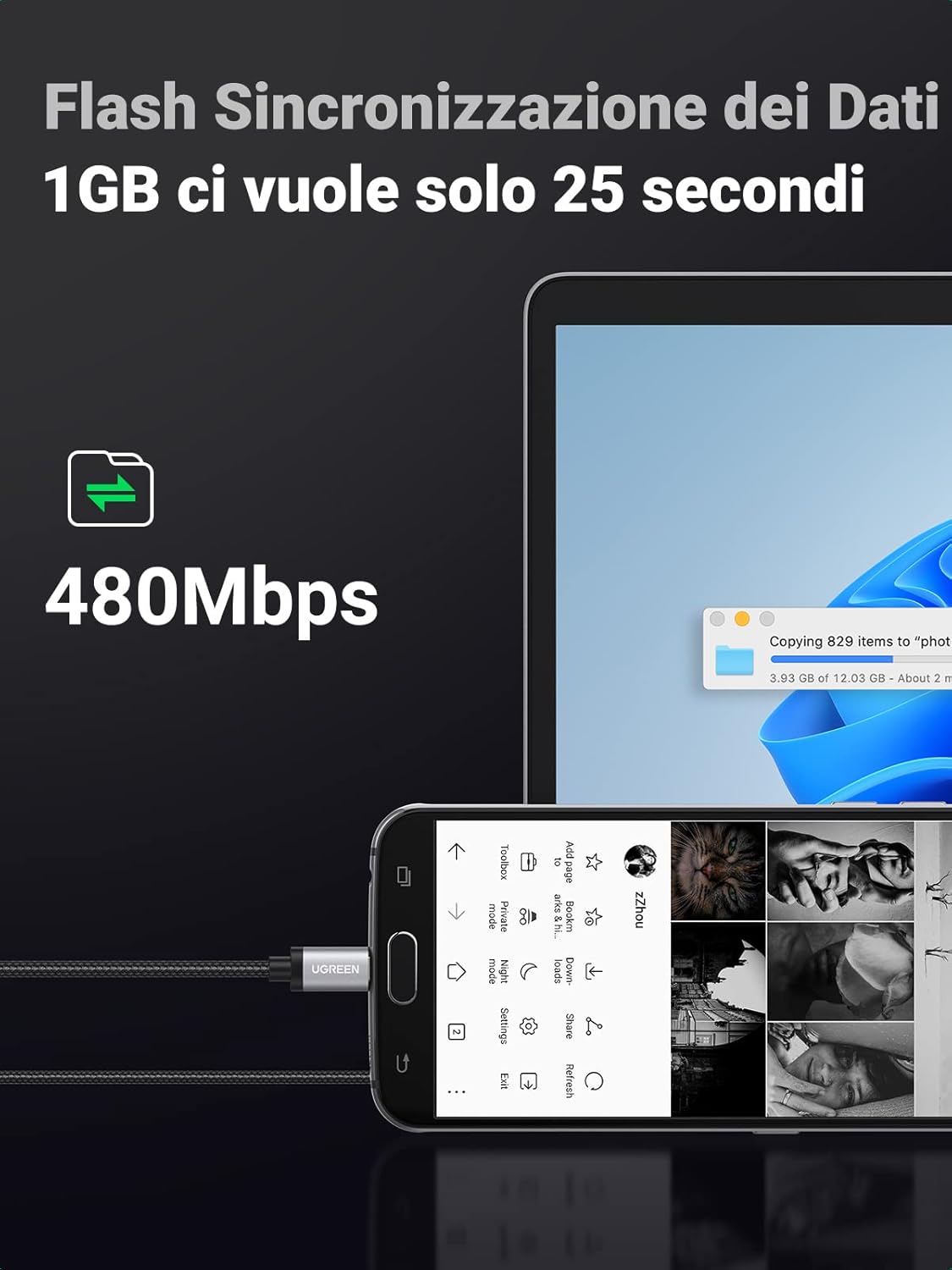 Thumbnail 3 de UGREEN Cavo Micro USB Ricarica Rapida 2.4A Nylon