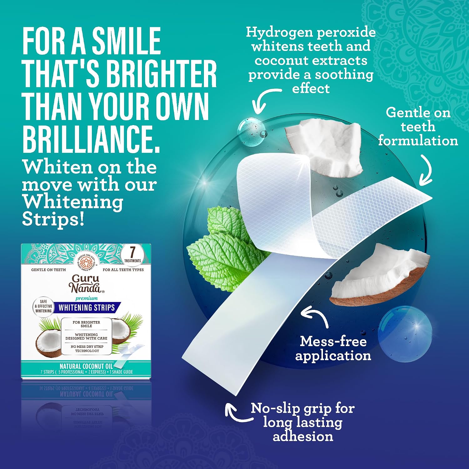 Detalle de GuruNanda Total Smile Makeover Kit Regular with Cocomint Oil Pulling, Dual Barrel Whitening Mouthwash, Whitening Strips & Toothbrushes