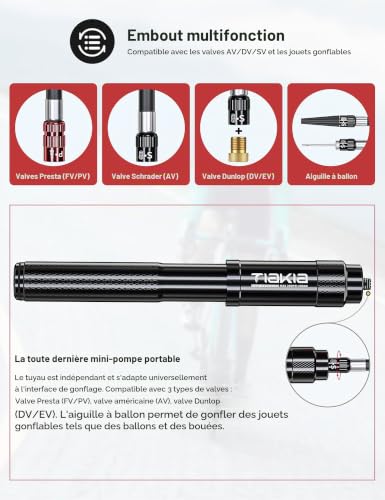 Detalle de Tiakia mini pompe à vélo manuelle 260 PSI, 3 valves et corps en aluminium