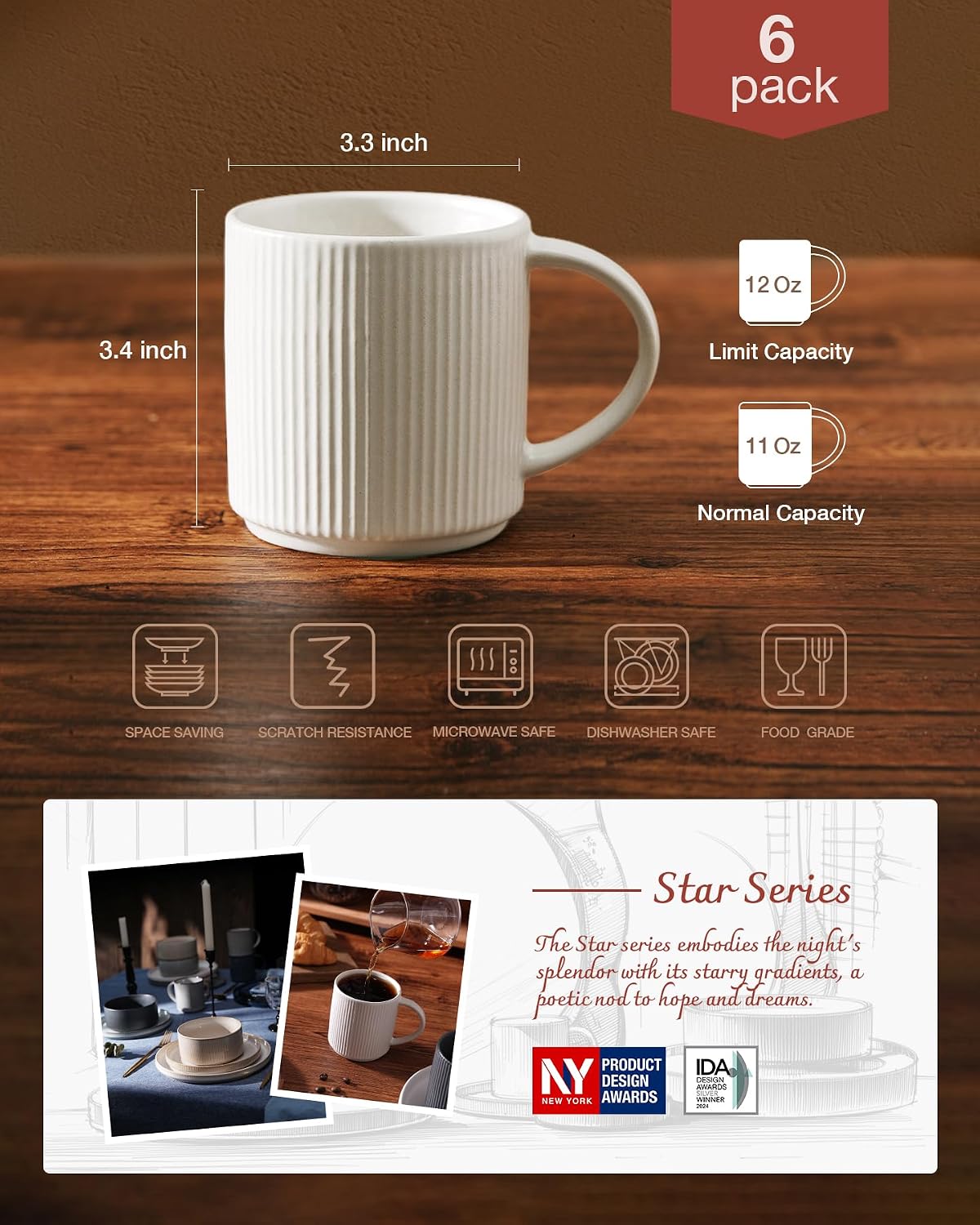 Thumbnail 3 de Famiware Coffee Mug Set for 6 - 12 oz Stoneware Mugs with Handle (Matte White)