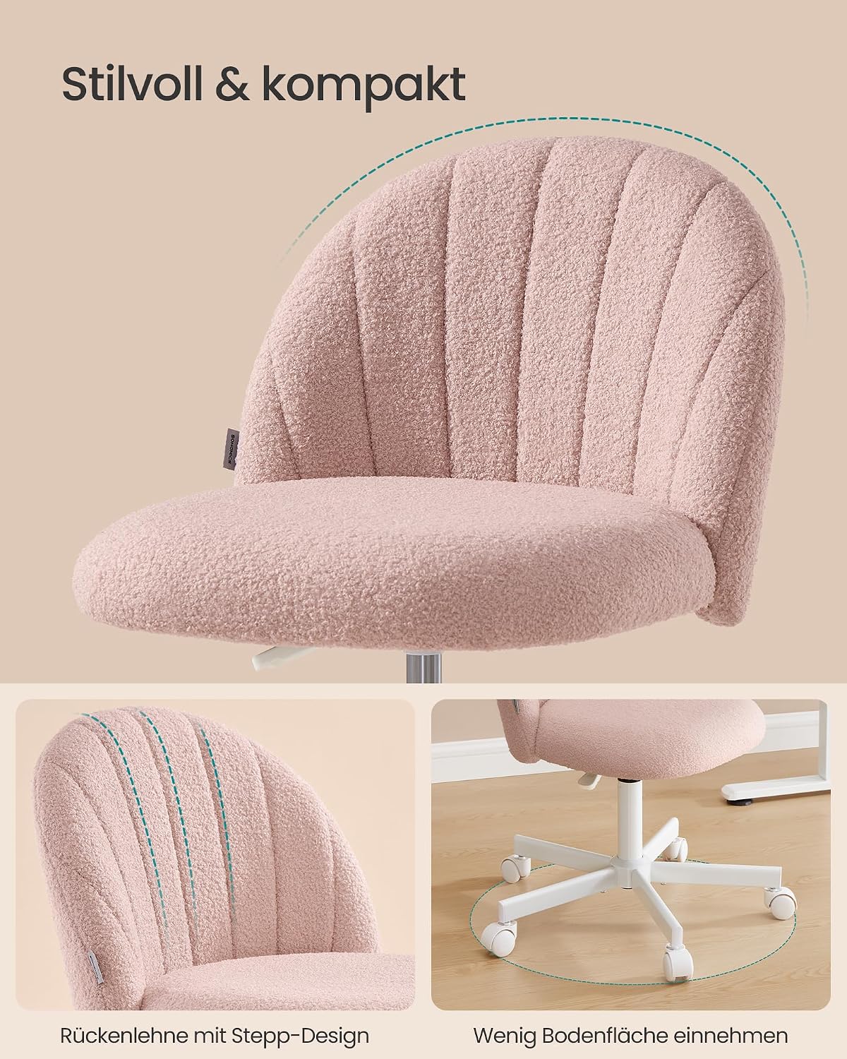 Detalle de SONGMICS Schminkstuhl OBG027SA01 – Homeoffice-Stuhl aus Fleece, höhenverstellbar, pastelrosa