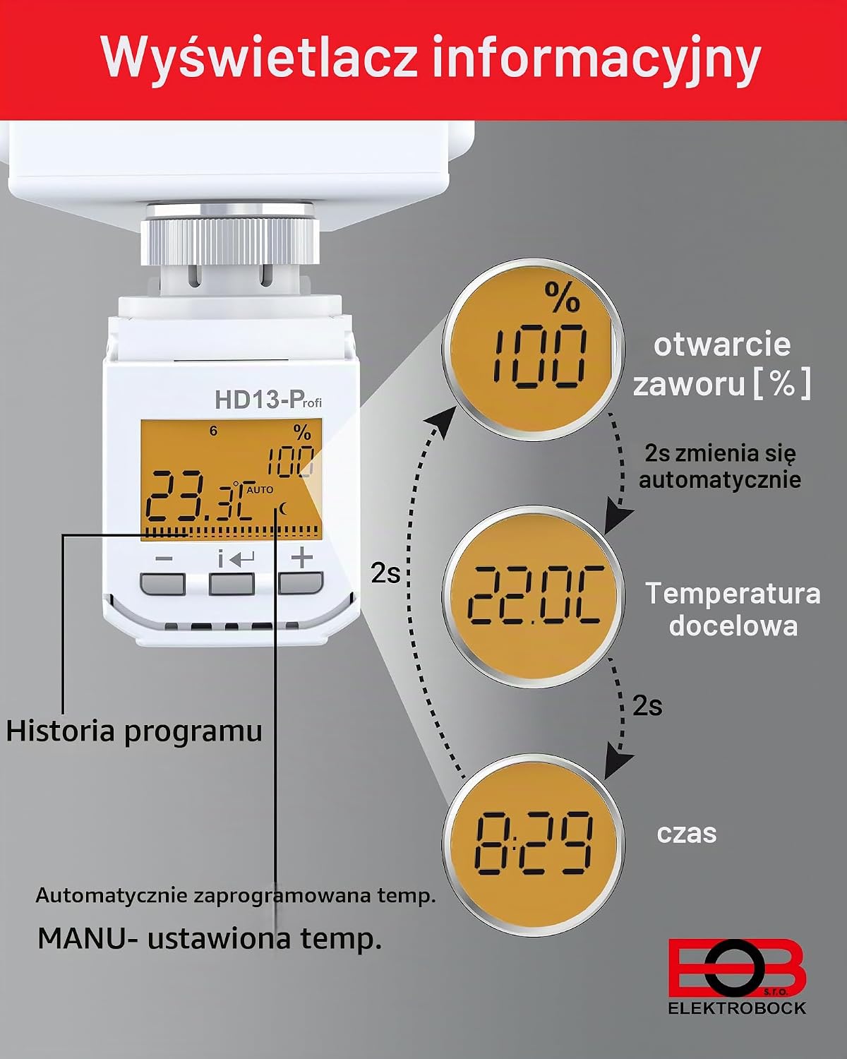 Detalle de Elektrobock HD13-Profi programowalny termostat grzejnikowy, biały, z czujnikiem okiennym