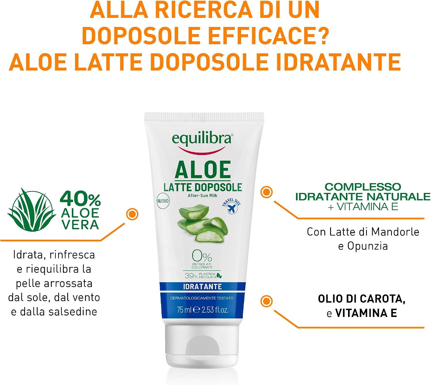 Detalle de equilibra Solari Aloe Latte Doposole Idratante Travel Size (75 ml): dopo sole leggero e nutriente