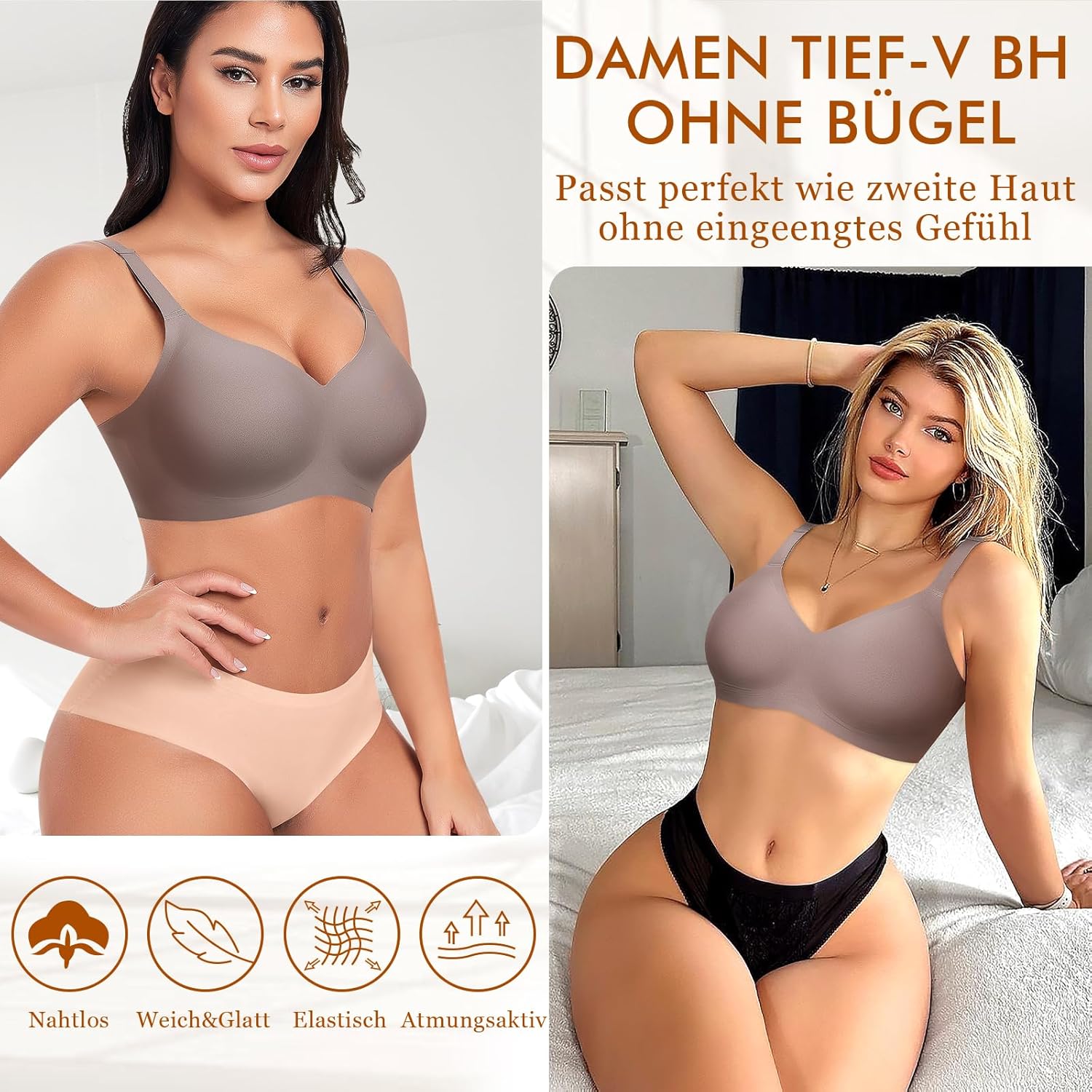Thumbnail 4 de Nahtloser Damen BH ohne Bügel mit Tiefem V-Ausschnitt – weiches Bralette Soft Bra Bustier