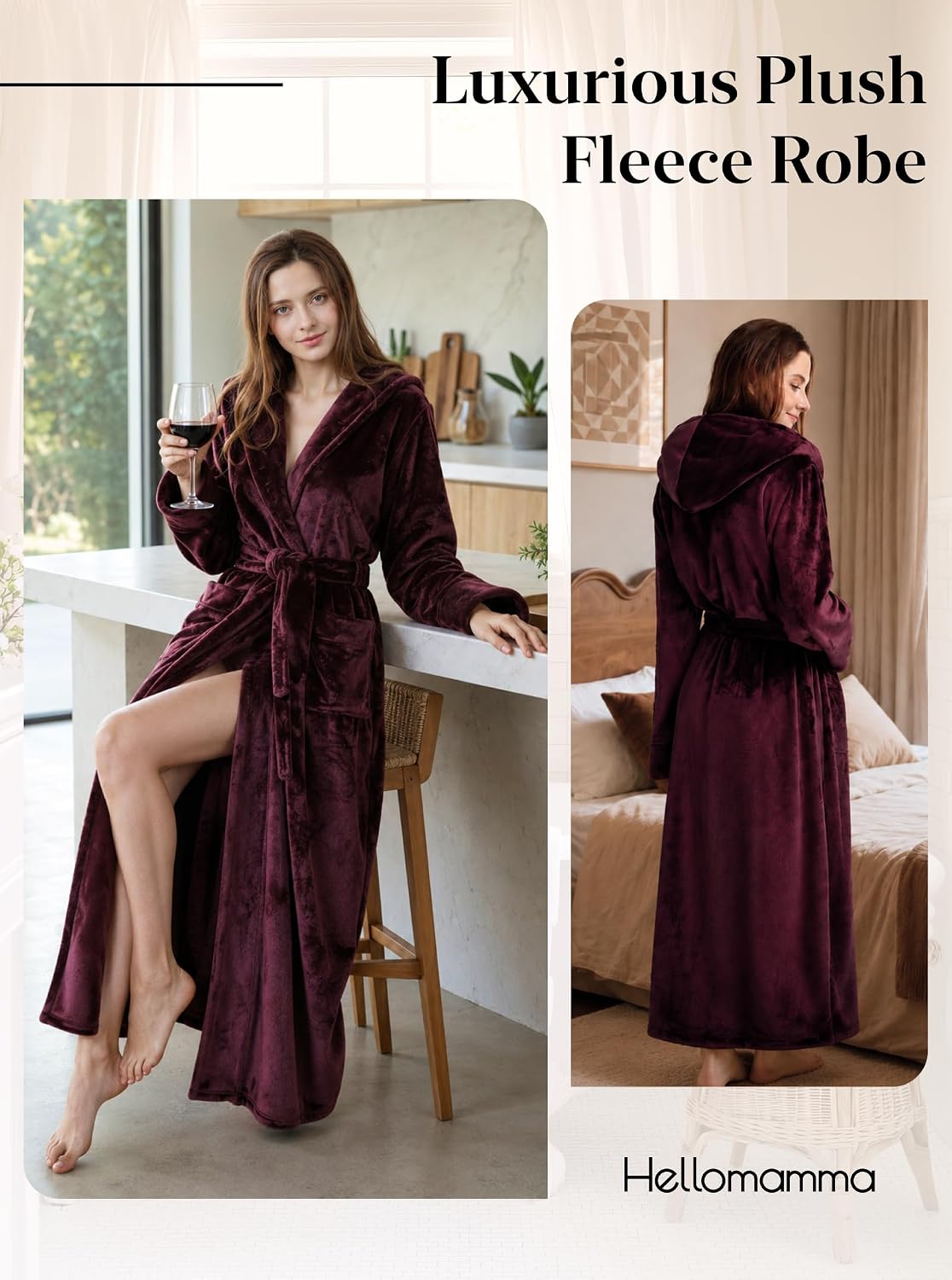 Detalle 2 de Hellomamma HEA81706-W Long Hooded Flannel Fleece Bathrobe with Belt and Pockets