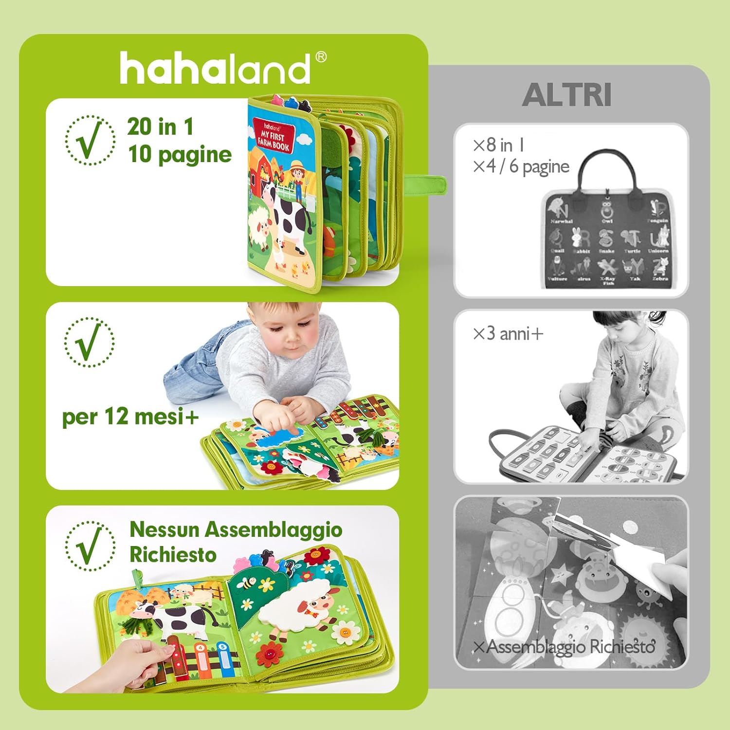 Detalle de hahaland Busy Board Montessori Libro Interattivo 1 Anno – Attività sensoriali e didattiche 20-in-1
