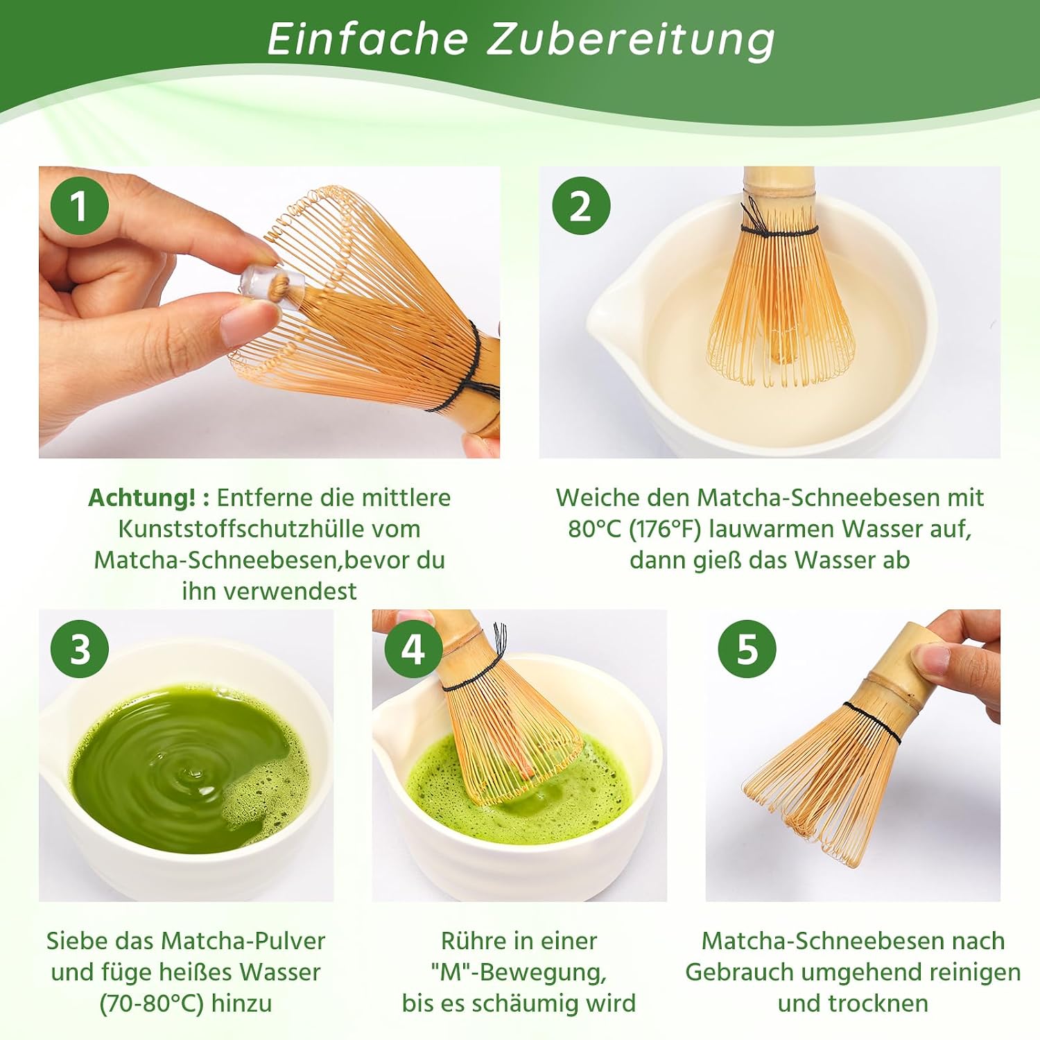 Detalle de Newthinking Matcha Besen Set – 7-teiliges Rosa Matcha Set mit Bambusbesen und Zubehör