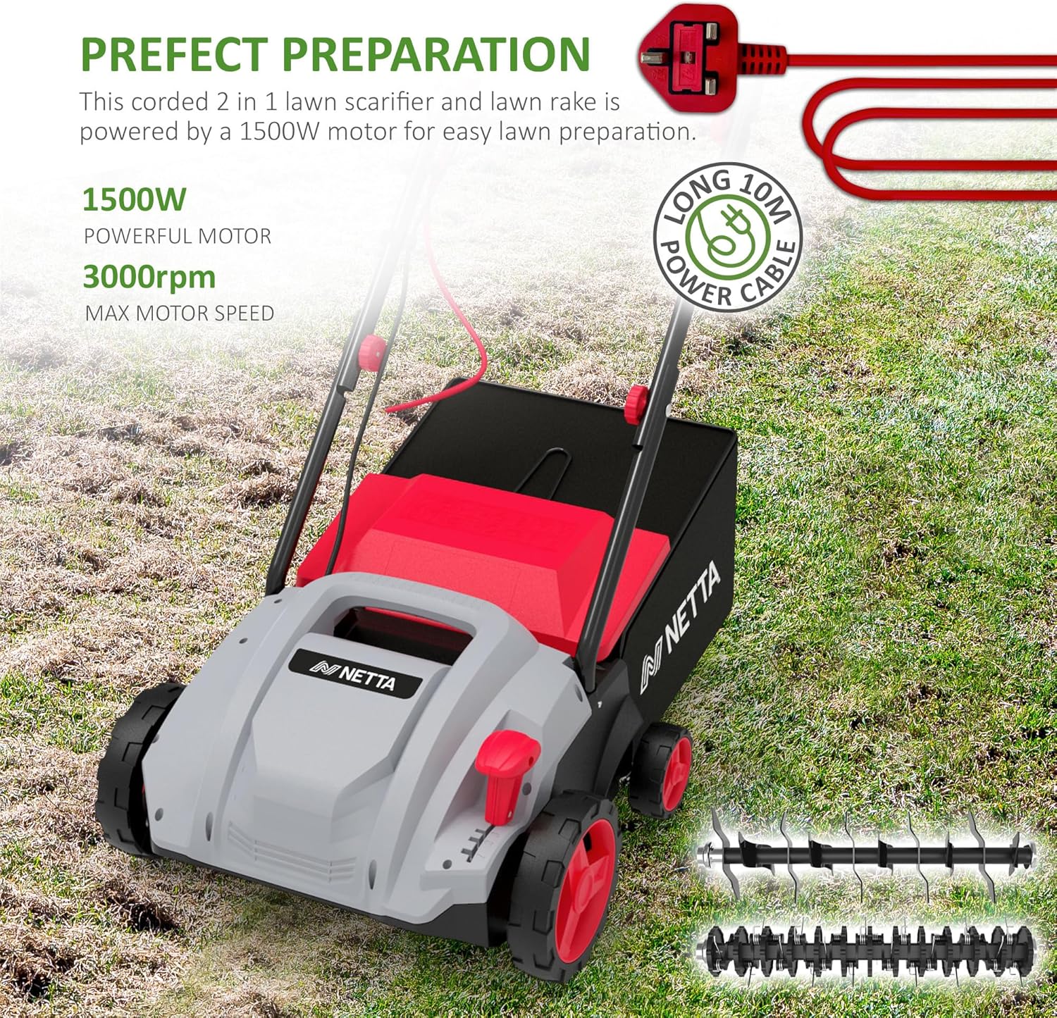 Thumbnail 1 de NETTA 1500W Lawn Scarifier and Aerator – 320mm Electric Garden Rake & Moss Remover