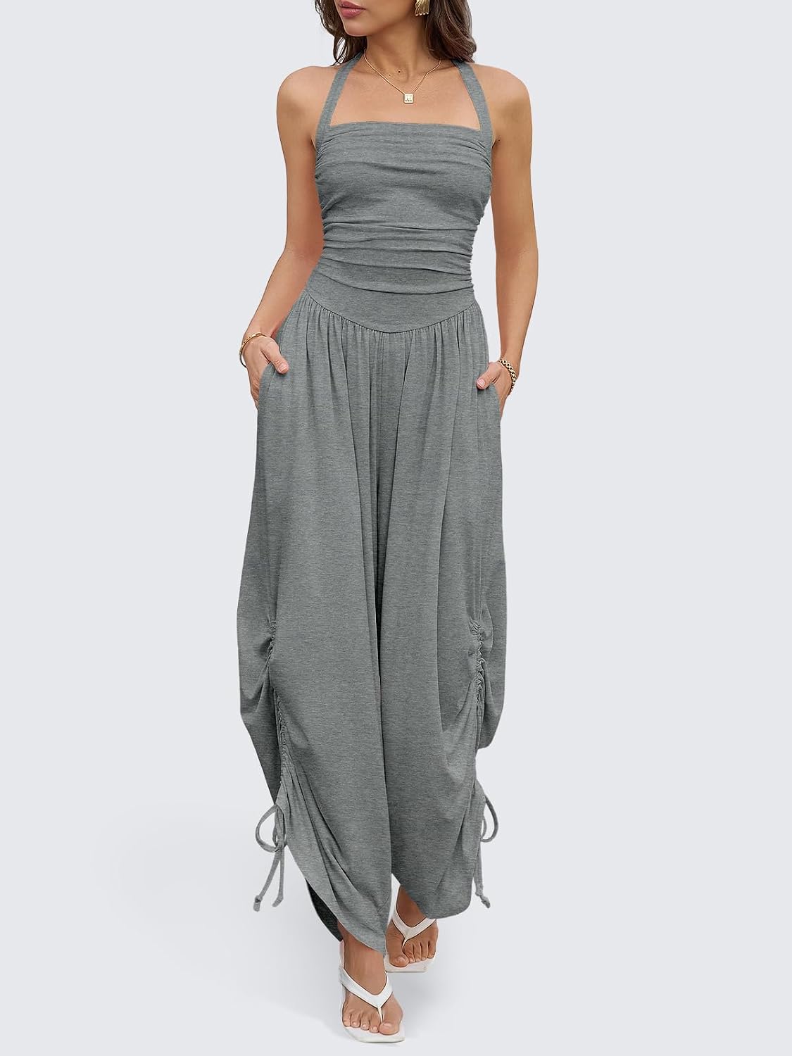 Detalle de Fisoew Women's Casual Jumpsuits: Summer Halter Wide-Leg Overalls with Side-Cinch