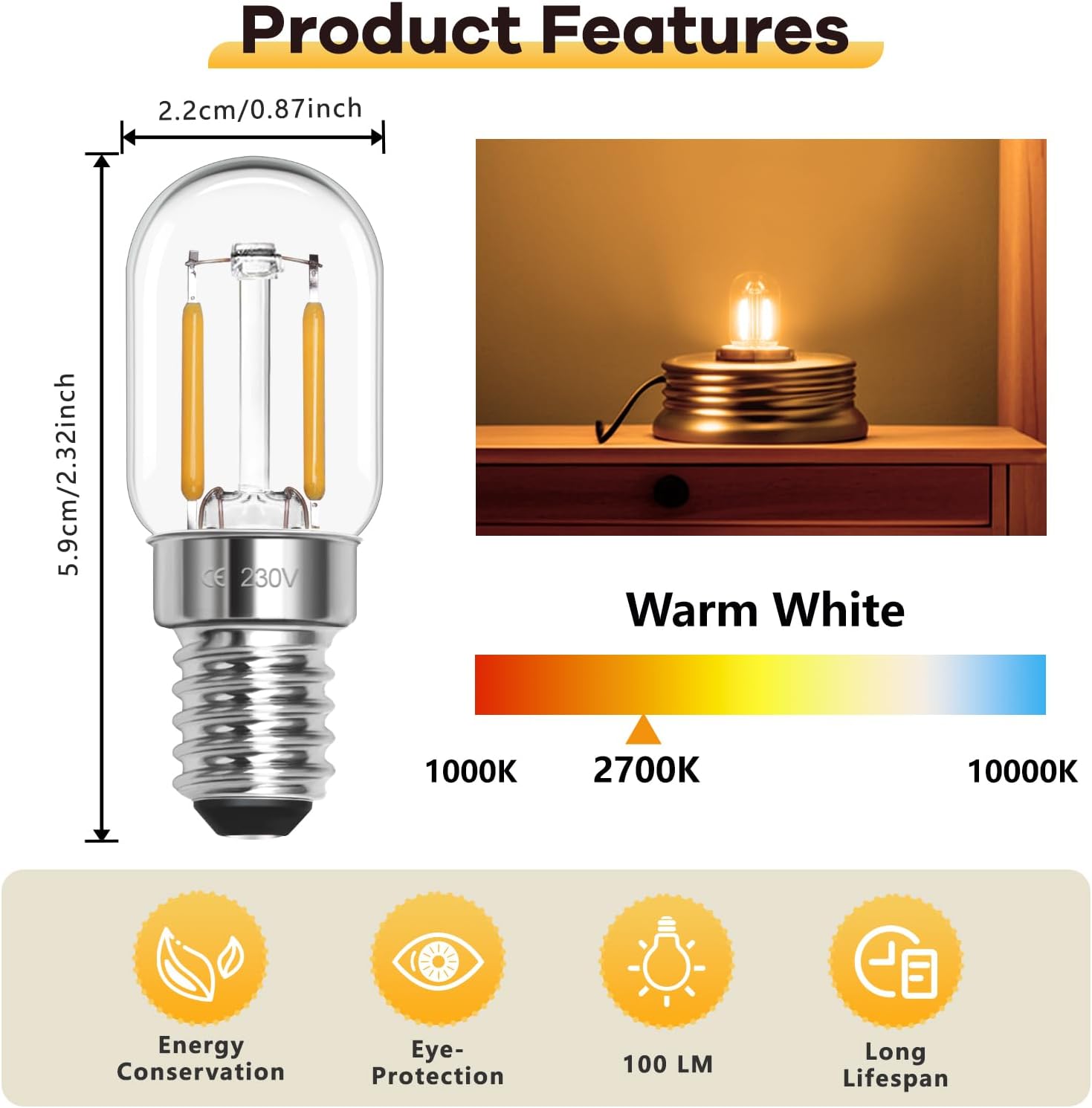 Thumbnail 1 de LED Glühbirne E14 Warmweiß 1W 230V – 2er-Set (T22, nicht dimmbar, 2700K, 100 lm)