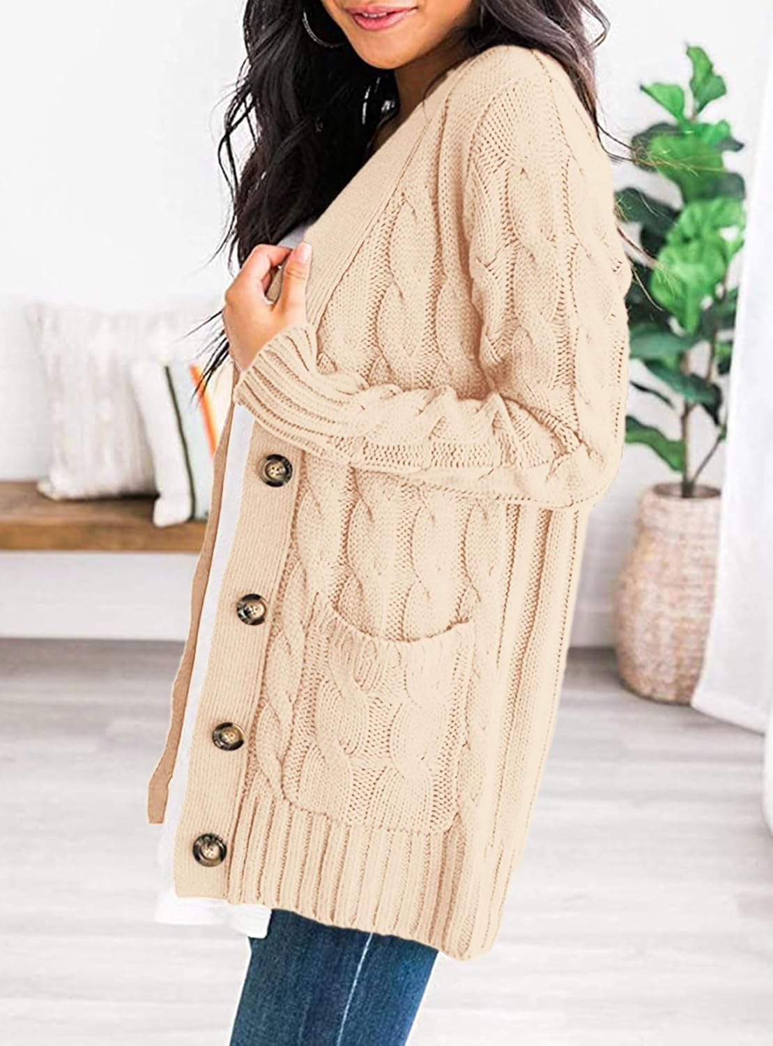 Detalle de PRETTYGARDEN Women's Chunky Cable-Knit Cardigan with Buttons and Pockets