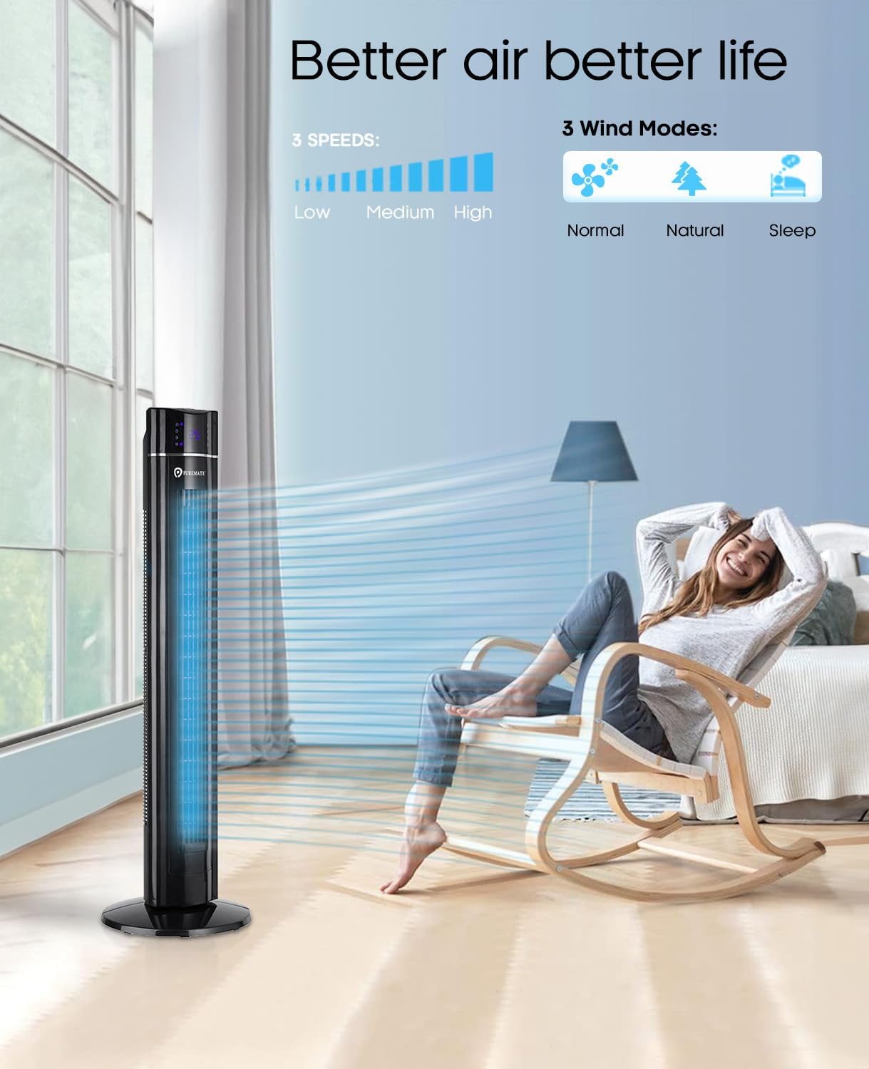 Detalle de PureMate 43-inch Tower Fan with Air Purifier 8hr ⏳🌀