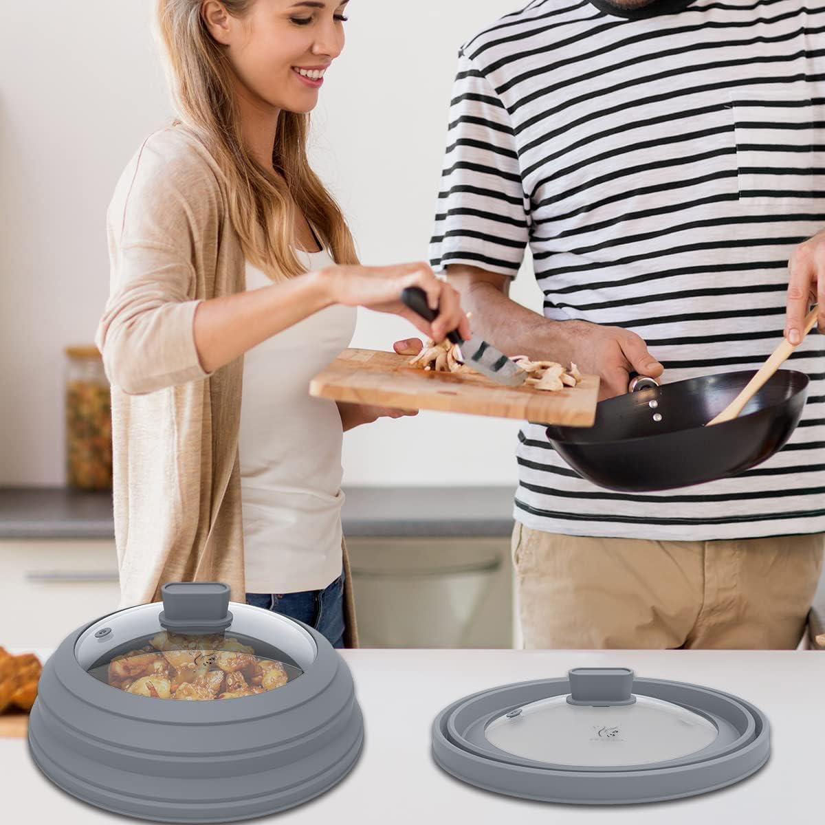 Detalle 2 de Microwave Splatter Cover Glass Guard Lid with Collapsible Silicone Handle, 9.8 inch