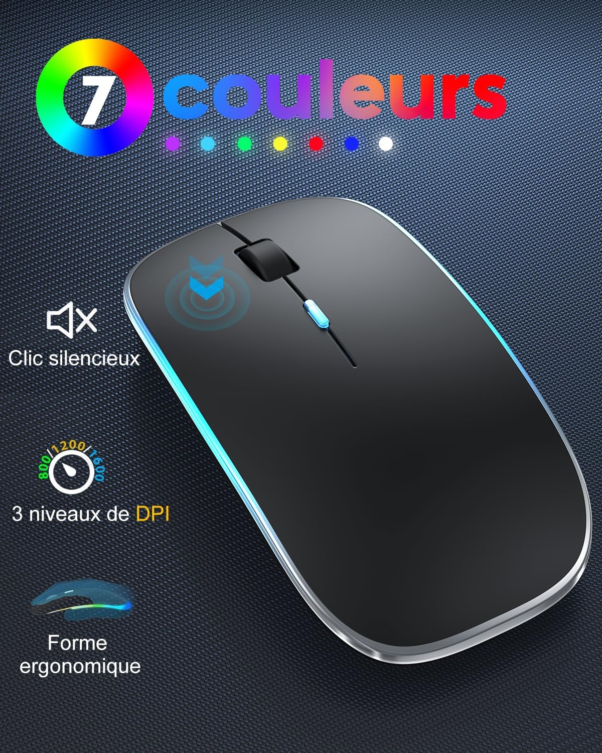 Detalle de ENSEMBLE TECURS Clavier et Souris Bluetooth sans Fil pour iPad — Rétroéclairage 7 couleurs, AZERTY Français, Ultra-mince