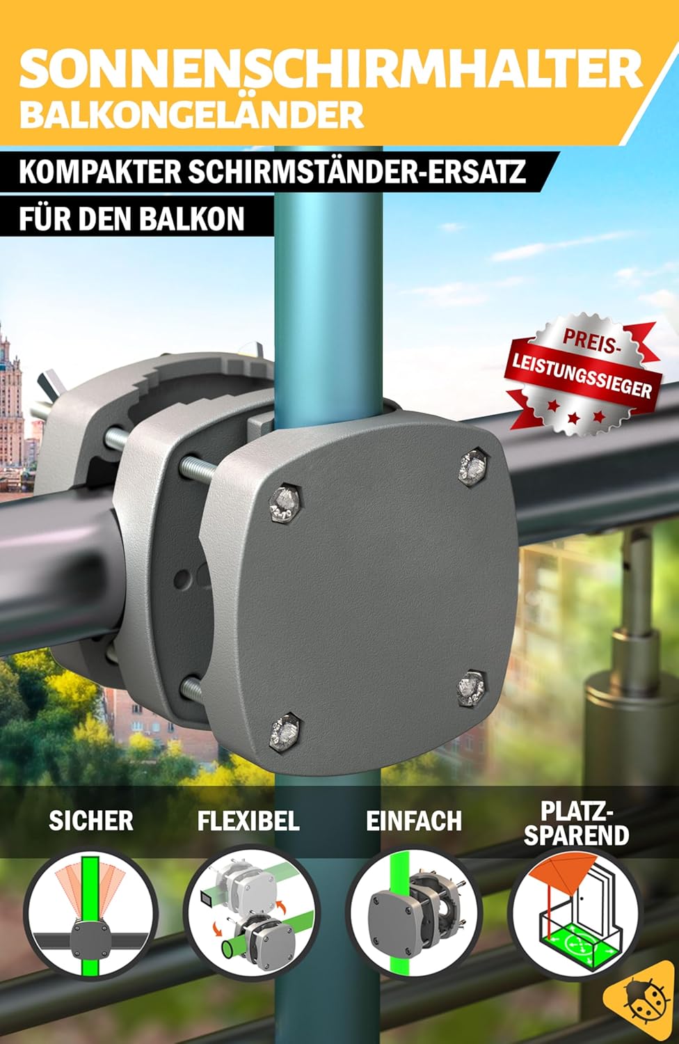 Thumbnail 1 de Menz Sonnenschirmhalter Balkongeländer SunnyBoy – kompakte Schirmhalterung für runde & eckige Geländer, flexibel montierbar (Grau)