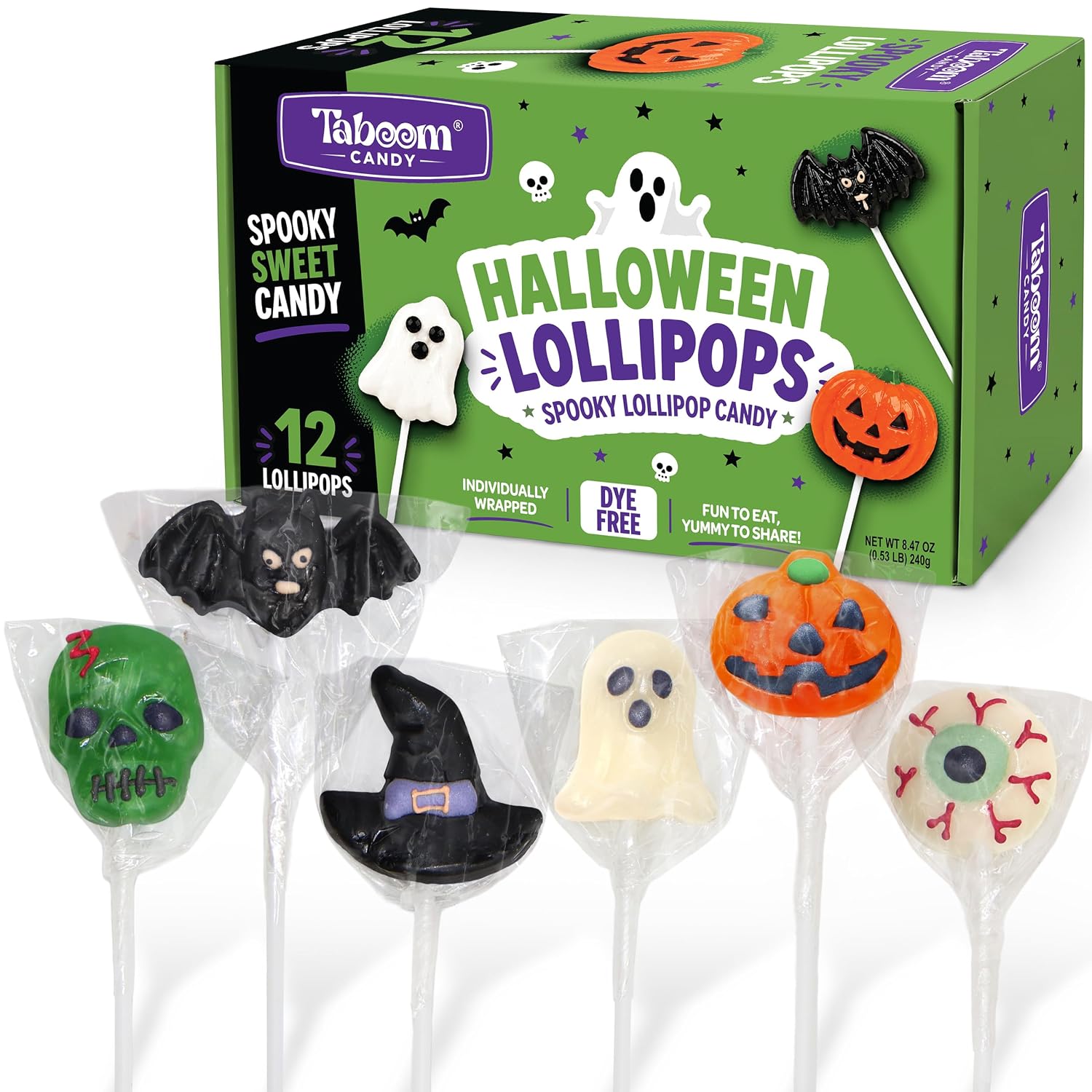 Detalle de Taboom Halloween Lollipops, 12 Count, Individually Wrapped Dye-Free Spooky Shapes