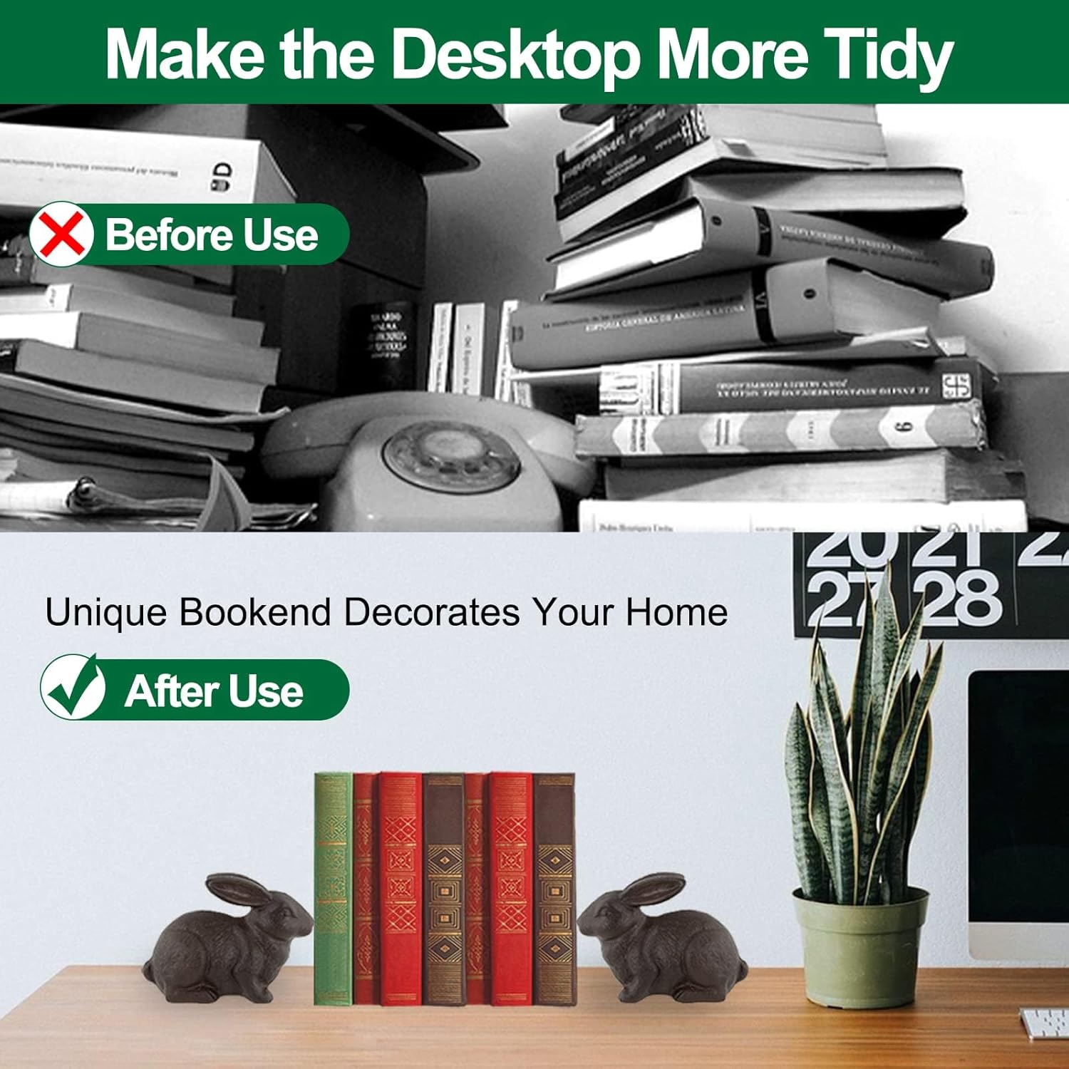 Thumbnail 3 de Vintage Dark Brown Rabbit Bookends – Rustic cast iron style bunny book stoppers for home office shelves