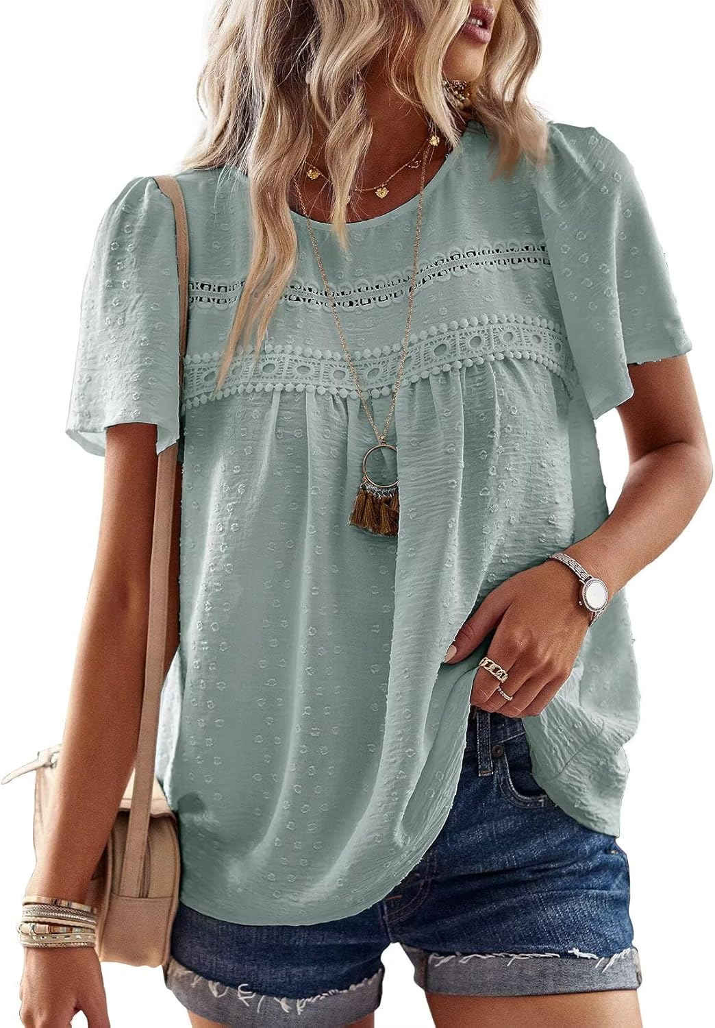 Detalle de Falechay Women’s Crewneck Short Sleeve Crochet Lace Boho Top