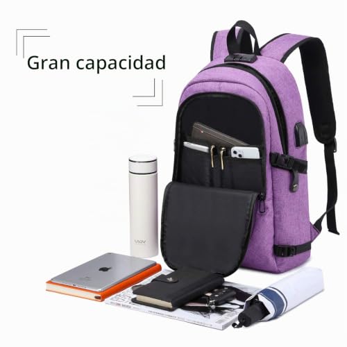 Detalle de WENIG Mochila Portátil para Mujer 15.6" — Impermeable, Antirrobo y USB, color Púrpura