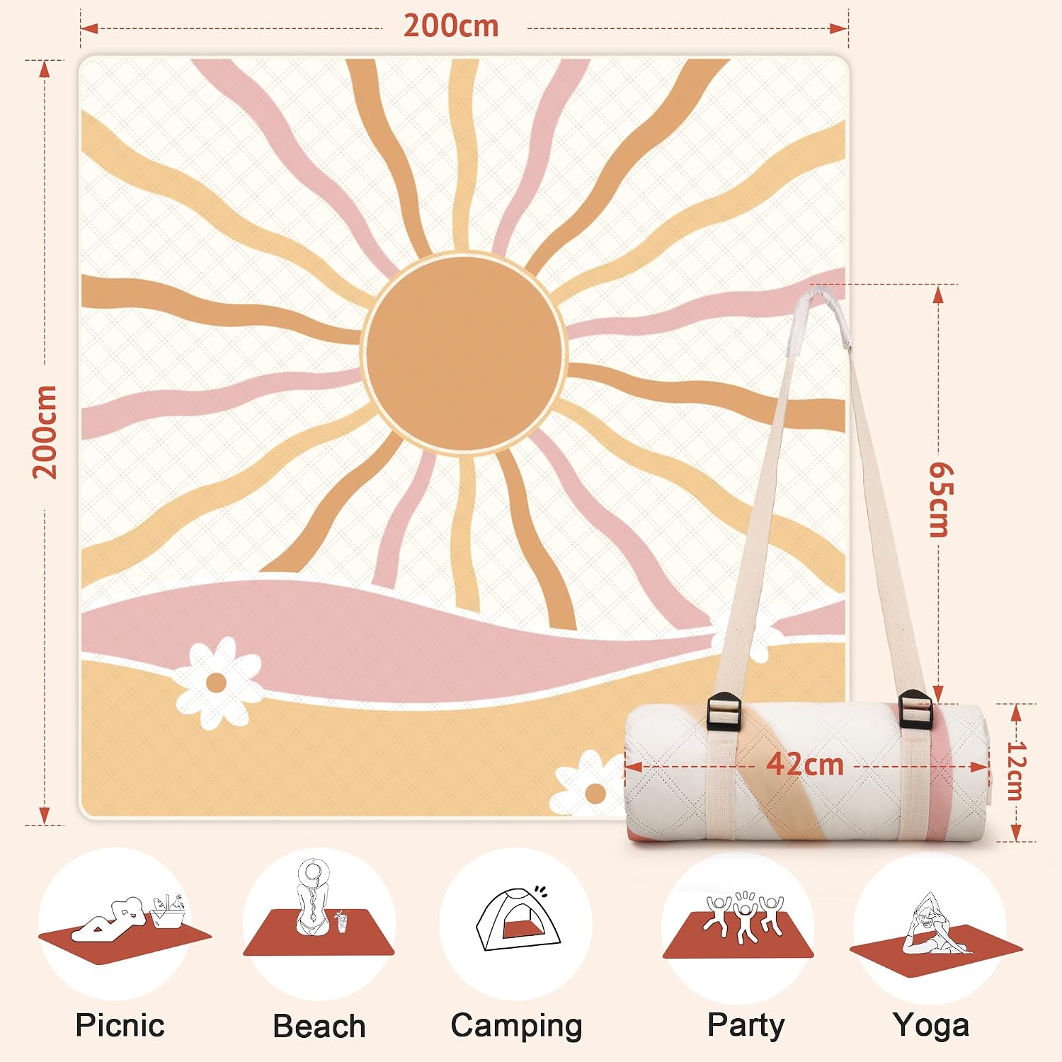 Detalle de LARUTAN Waterproof Picnic Blanket 200x200cm – extra-large outdoor mat with shoulder-strap carry